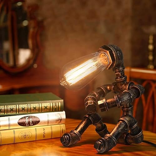 Miniatura 1 de Lámpara de mesa Steampunk, lámpara de mesa de robot industrial vintage, lámpara de mesa de tubería de agua, luz de escritorio estilo robot para