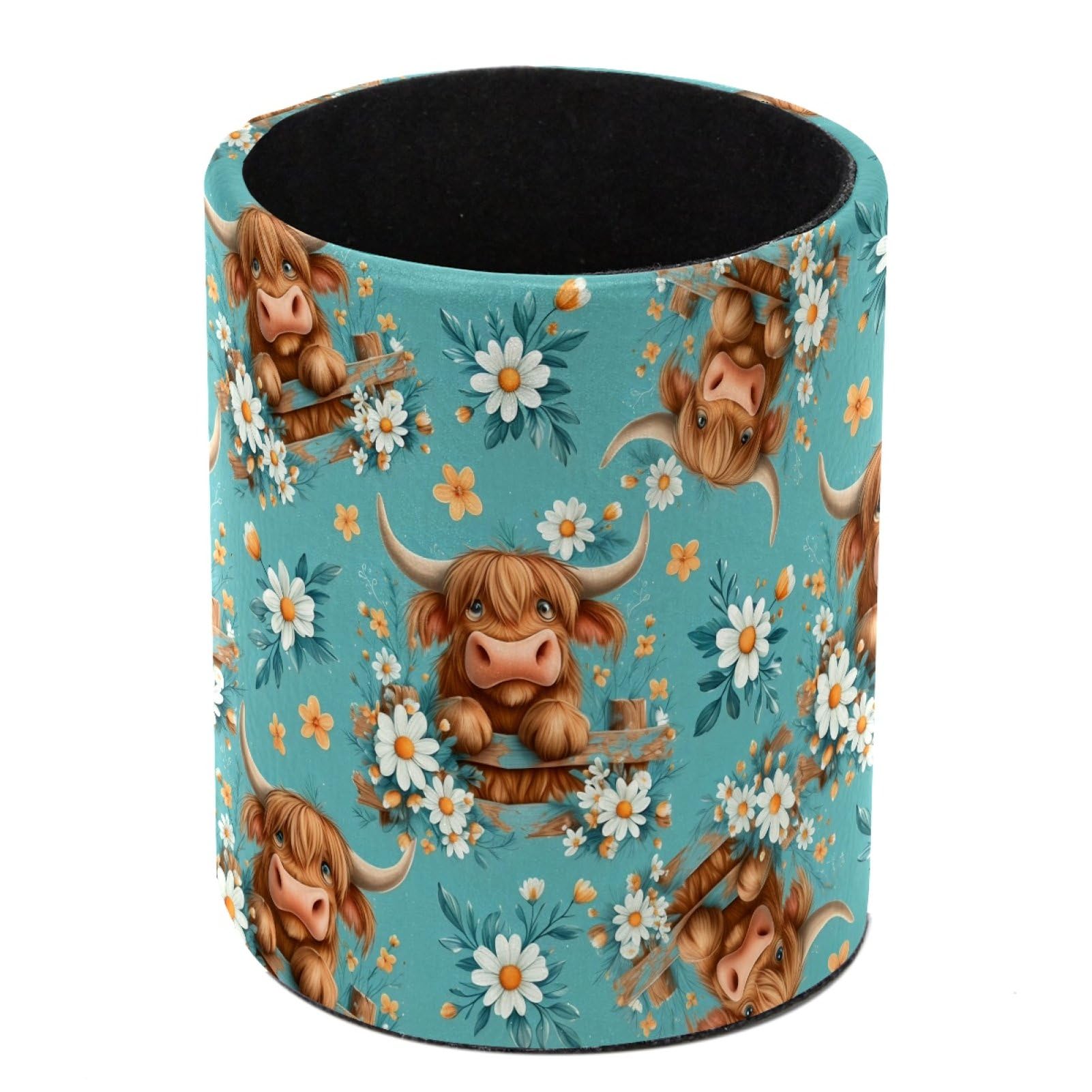 HEOEH Highland Cow Daisy Pen Holder for Desk, PU Leather Pencil Holder Pen Cup Marker Holder Makeup Brush Holders, Desk Accessories & Workspace Organizers for Home, Office