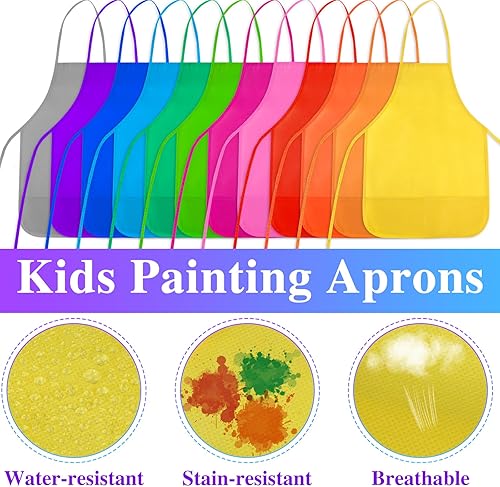 Miniatura 4 de Delantales de pintura para niños, 12 piezas, 12 colores, delantales de arte para niños con 2 bolsillos espaciosos, delantales para niños, para