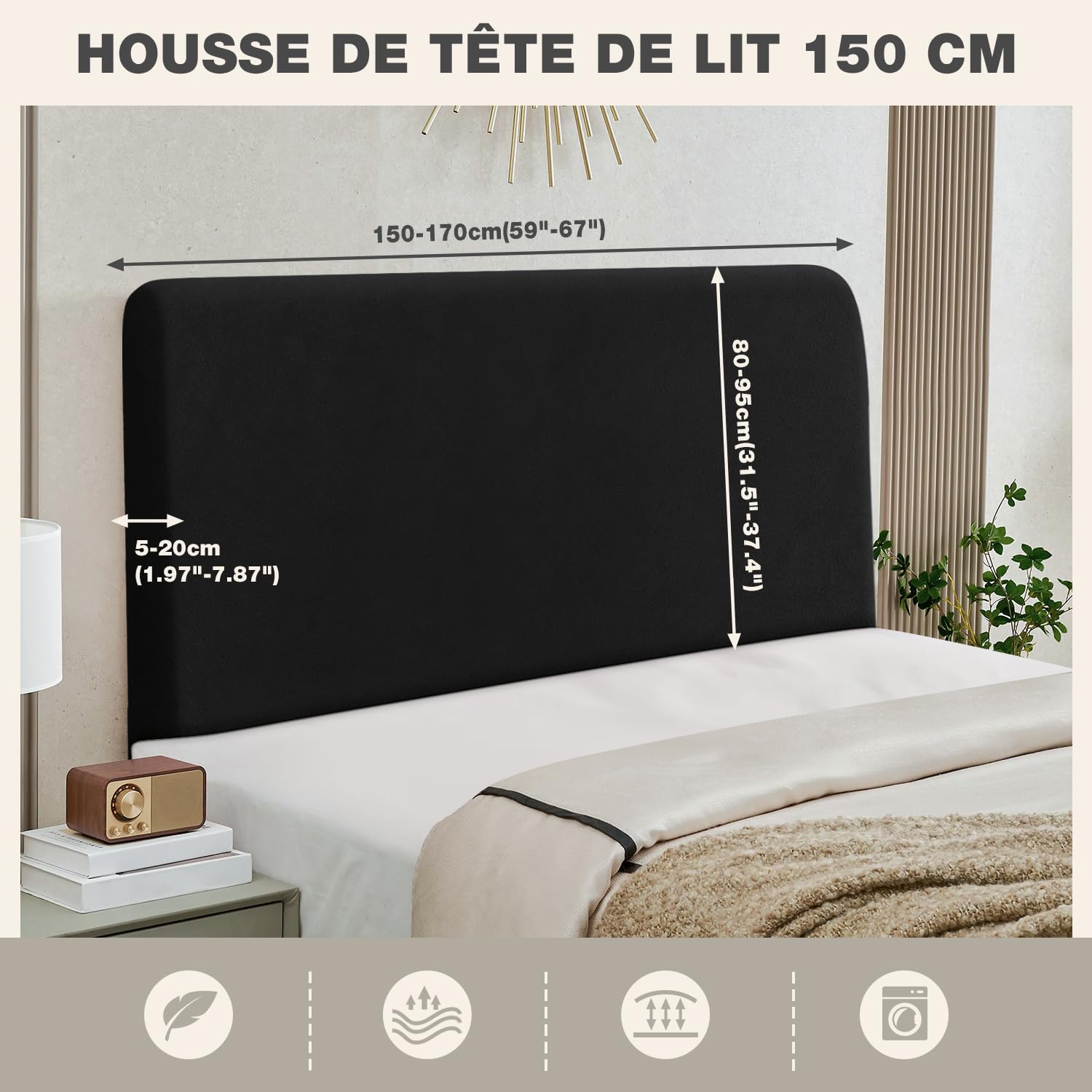 TAOCOCO Housse de Tête de Lit 160 cm, Tête de Lit Double élastique, Housse de Protection Antipoussière, Tissu Velours Extensible Doux, Lavable, Design Tout-en-Un (150/160/170 cm, Noir)