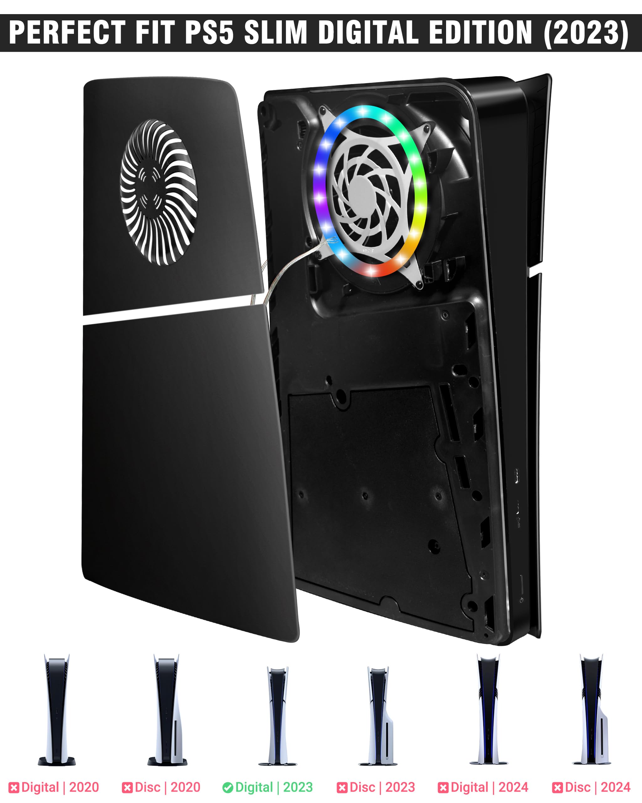 Joso Pannello frontale per PS5 Slim Digital Edition, custodia di ricambio antigraffio antipolvere con anello RGB, copertura adatta per PS5 Slim Digital Version, piastre per PS5 Slim Accessori - Nero