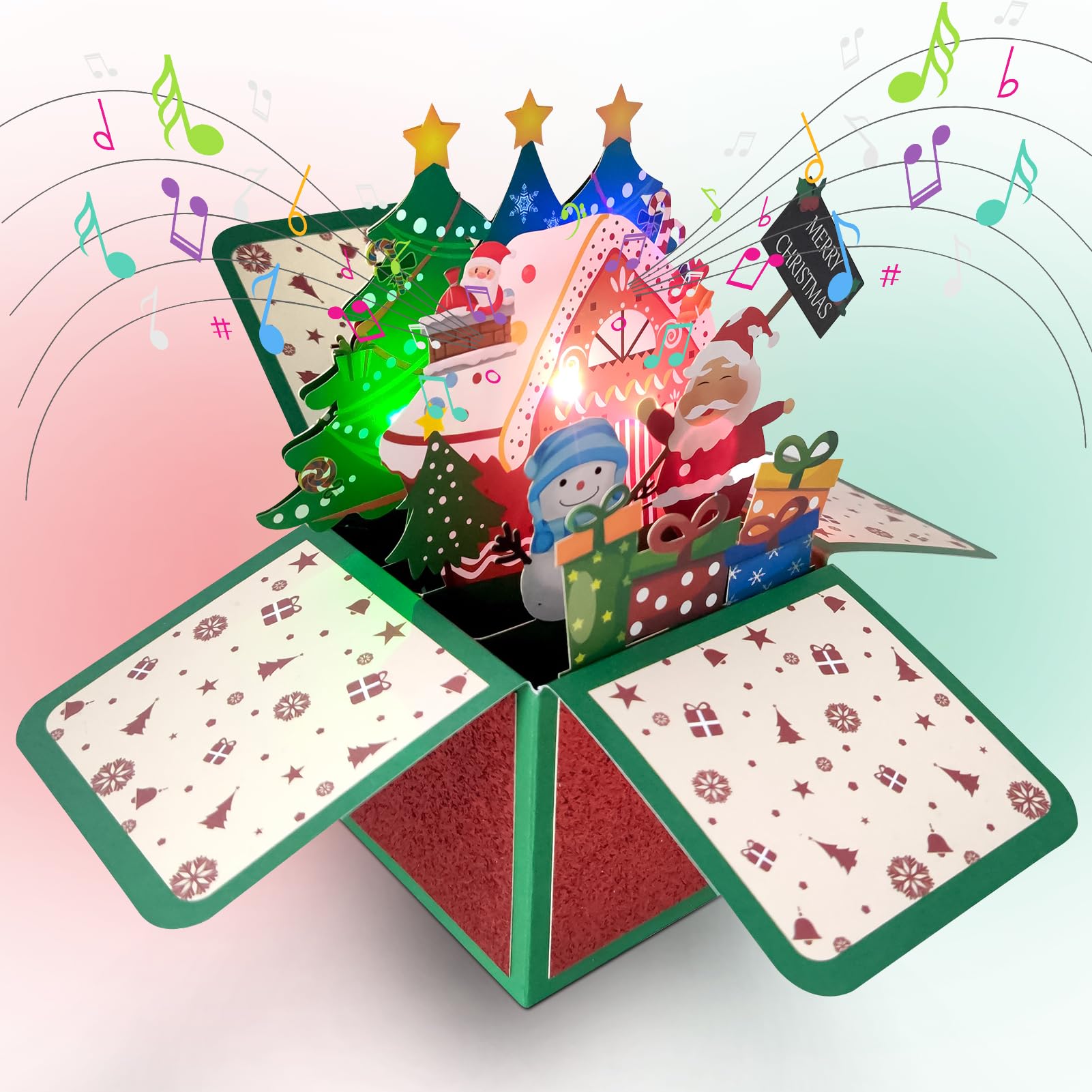 Tarjeta de Navidad 3D Pop Up Árbol de Navidad con luces y música, soporte para tarjetas de Navidad, tarjeta de Navidad, luz LED para niños, novia y familia (nieve)