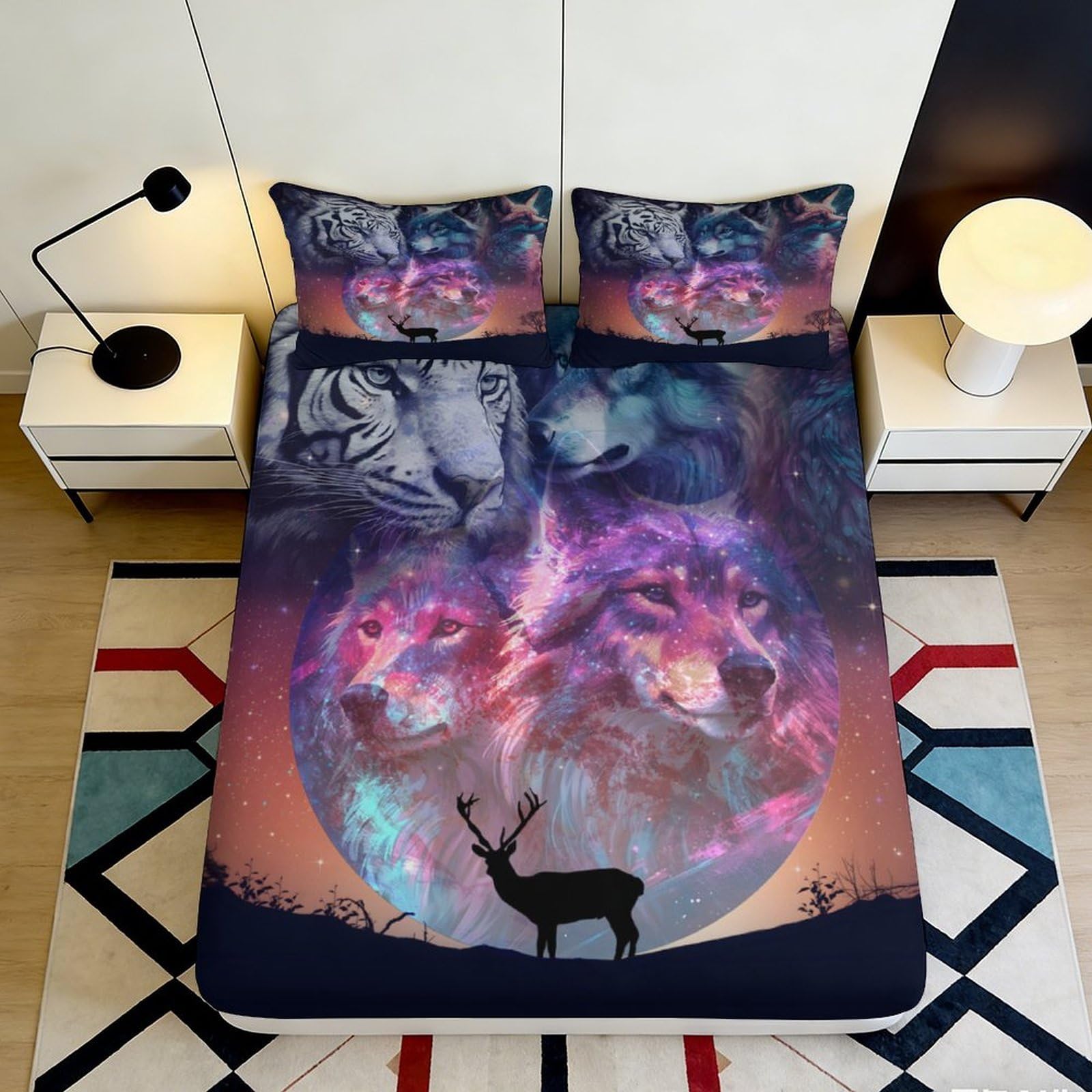 3D Printed Galaxy Wolf Fitted Sheet Microfiber Soft Decorative Cosmic Nebula Mattress Cover Bedroom Dorm Home Decor 90x200x25cm