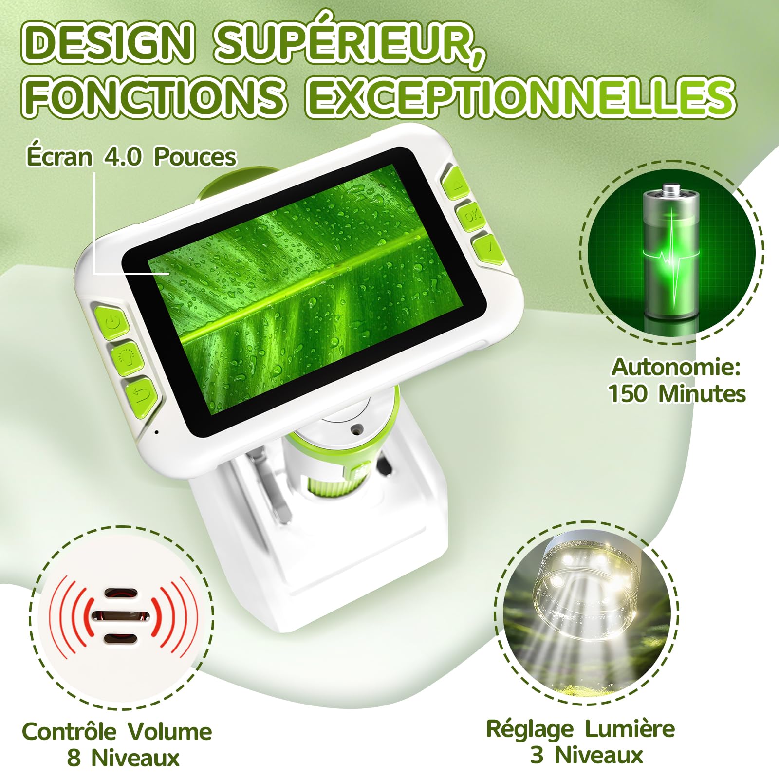 Charmofun Microscope Enfant Portable avec Carte Mémoire 64Go, Écran LCD 4 Pouces, Grossissement 1600X, Prise de Photos et Vidéos