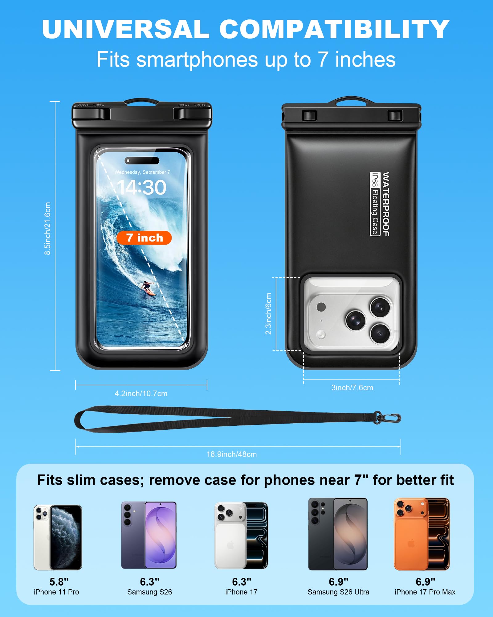 Wodoszczelna pływająca torba na smartfon, zestaw 2 szt. IPX8 wodoodporna torba na plażę do pływania w basenie, wodoodporna obudowa do iPhone 17 16 15 14 Pro Max Samsung S26 S25 S24, do 7 cali