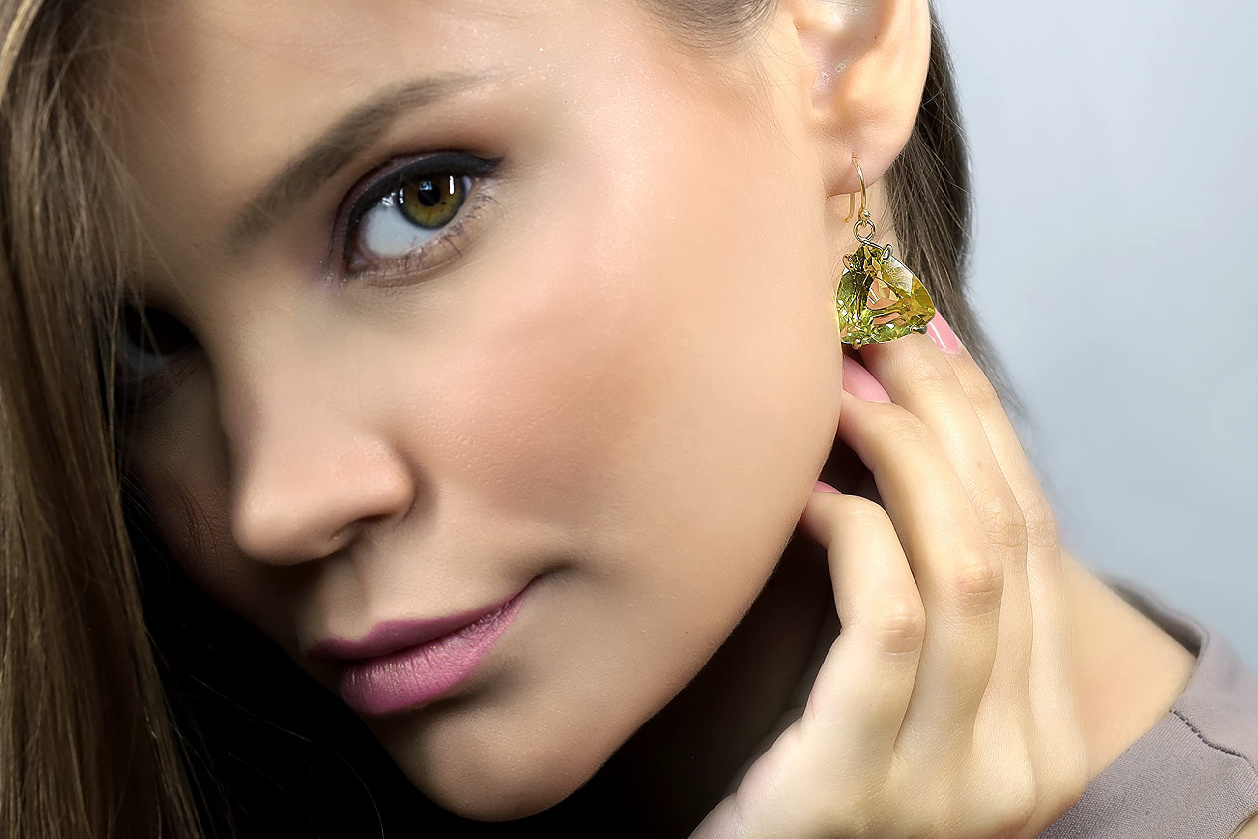 Pendientes de Plata de Ley - Corte Trillón Cuarzo Limón - Gema en Forma de Triángulo - Engaste de 4 Puntas - Pendientes Colgantes Largos - Joyería de Moda y Alta Calidad