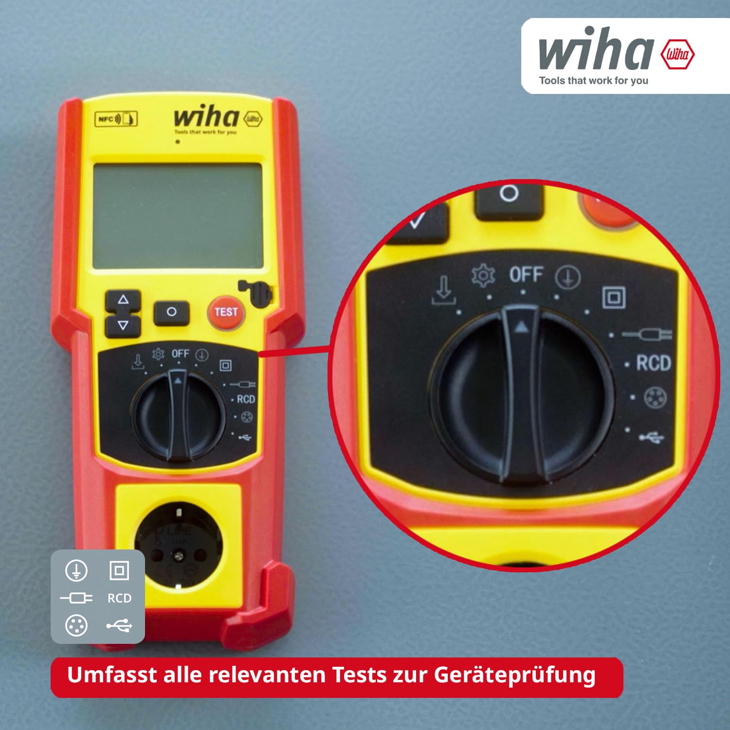 Wiha Gerätetester Set PAT one – Messgerät für Geräteprüfung DIN VDE 0701/0702 mit KI-Bilderkennung NFC-Dokumentation, Auto-Test FI/RCD-Prüfung, Koffer