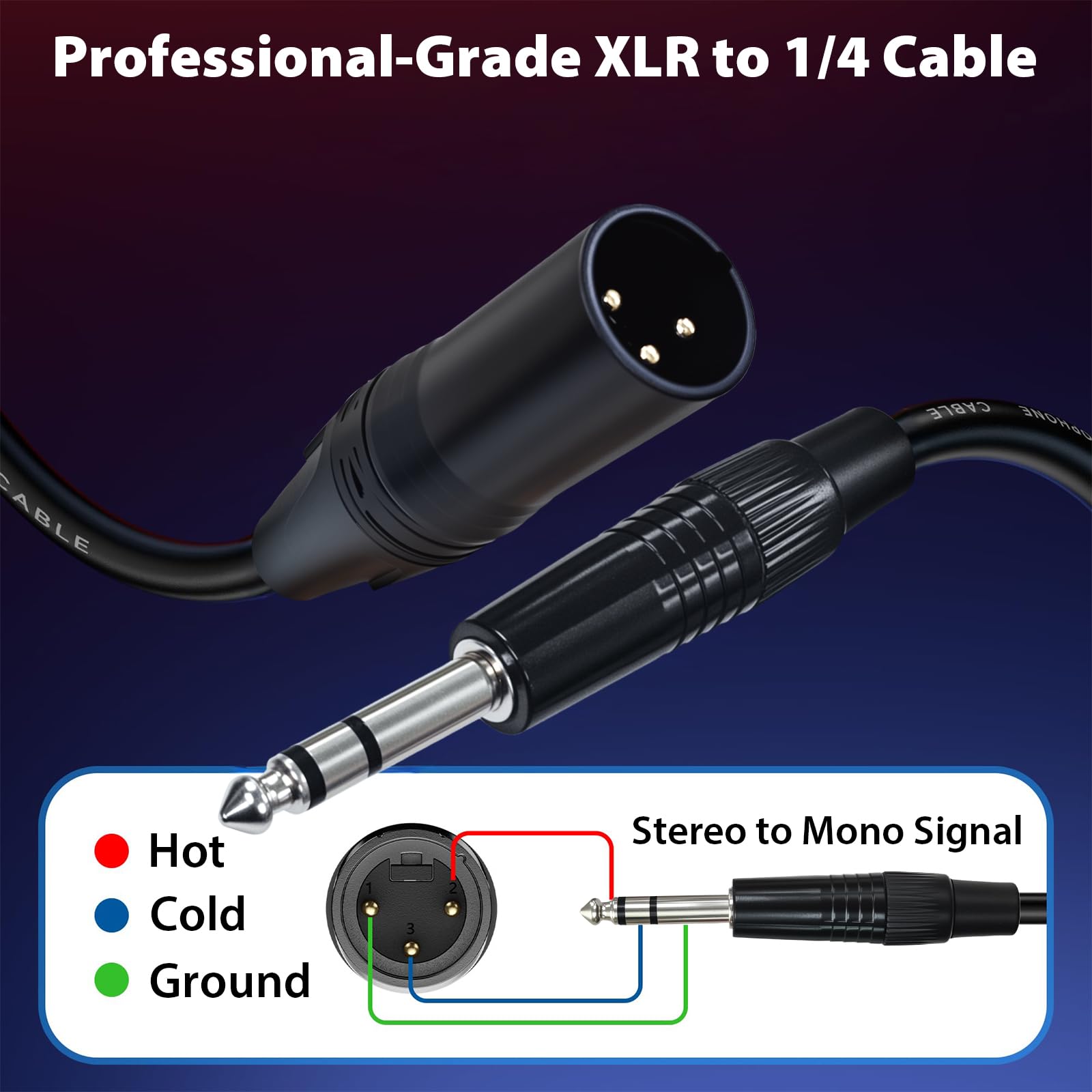 Cyberguys! XLR auf 1/4 Kabel, XLR-Stecker auf 6,35 mm TRS Viertel-Zoll-Kabel, symmetrisches Mikrofonkabel auf 1/4-Zoll-Stecker, sauerstofffreies Kupfer, vernickelter Stecker mit PVC-Ummantelung, ideal