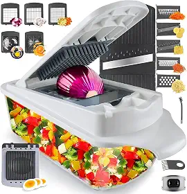 Cortador de legumes RüK 22 em 1, cortador de alimentos e vegetais, espremedor de limão, receita eletrônica (sem garantia de versão em português), 11 lâminas, separador e fatiador de ovos, recipiente