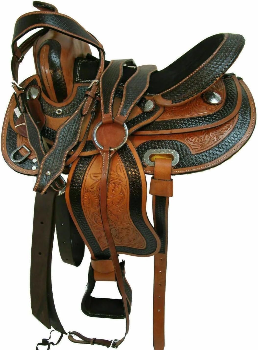 Western Barrel Racing Horse Saddle Tack set dimensioni 25,4 cm a 45,7 cm marrone scuro con sedile nero in pelle fatta a mano floreale Tooled sella ME-WLS-135