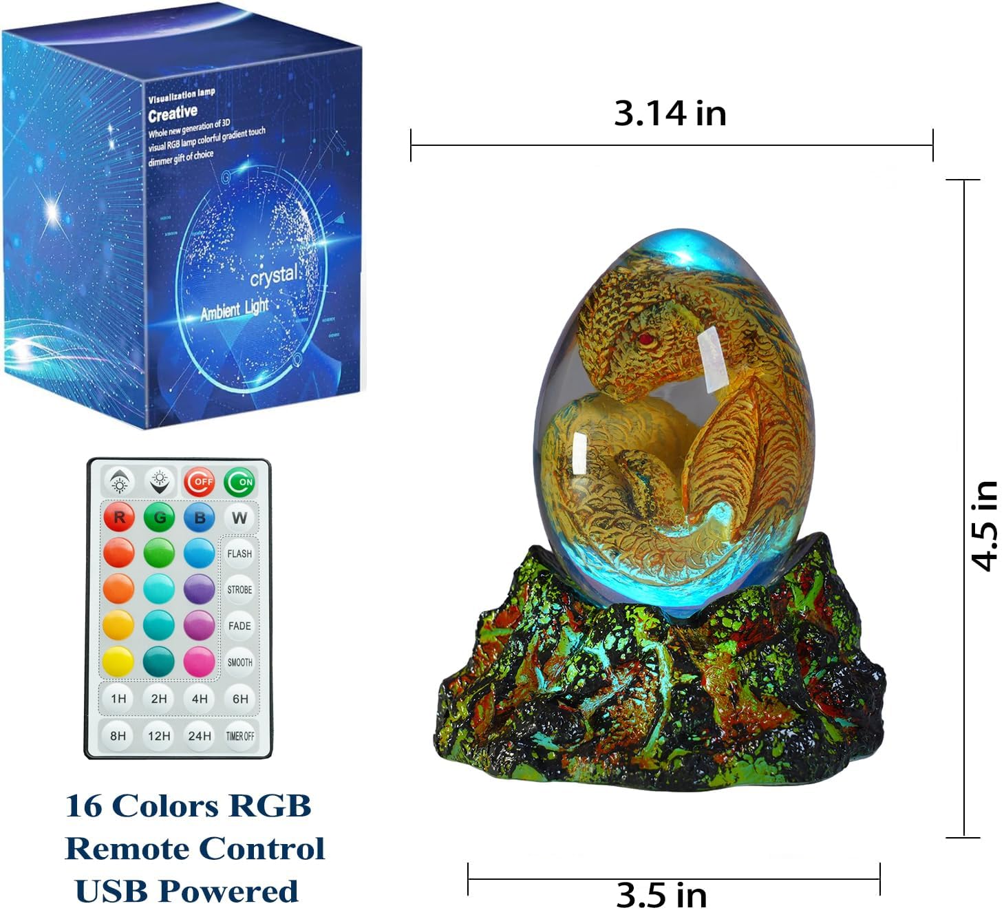 Luz nocturna de dragón, lámpara de dragones de resina con base de lava volcánica mejorada, control remoto de 16 colores RGB regulables para cumpleaños, Navidad, figuras geniales, regalos de dragón