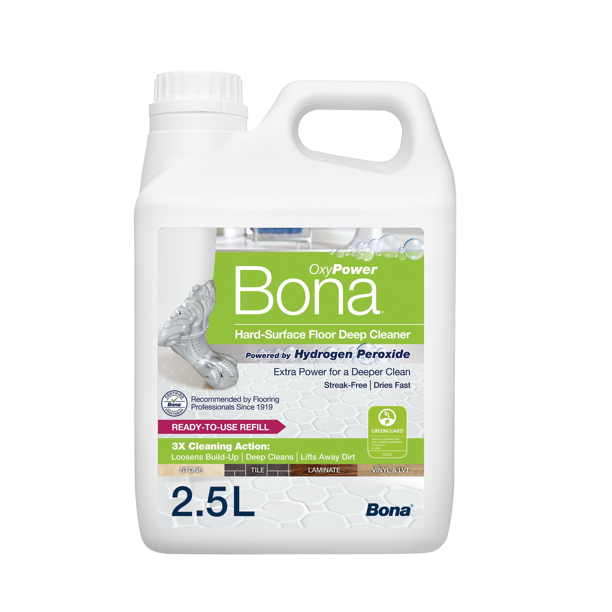 Bona OxyPower Hard-Surface Floor Cleaner Liquid, Bona Floor Cleaner for Stone, Tile, Laminate, LVT Floors, 2.5 Litre Refill