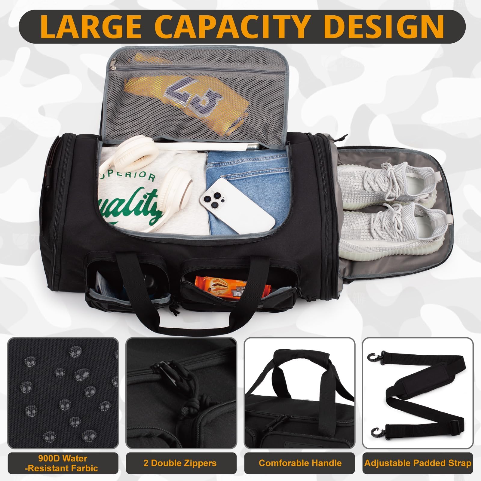 Sac De Sport Tactique Extensible Homme, Sac De Voyage pour Sport | Sac Extensible Imperméable, Compartiment Chaussures Intégré, Tissu Solide, Parfait Pour Gym, Sport Et Voyages D'une Nuit