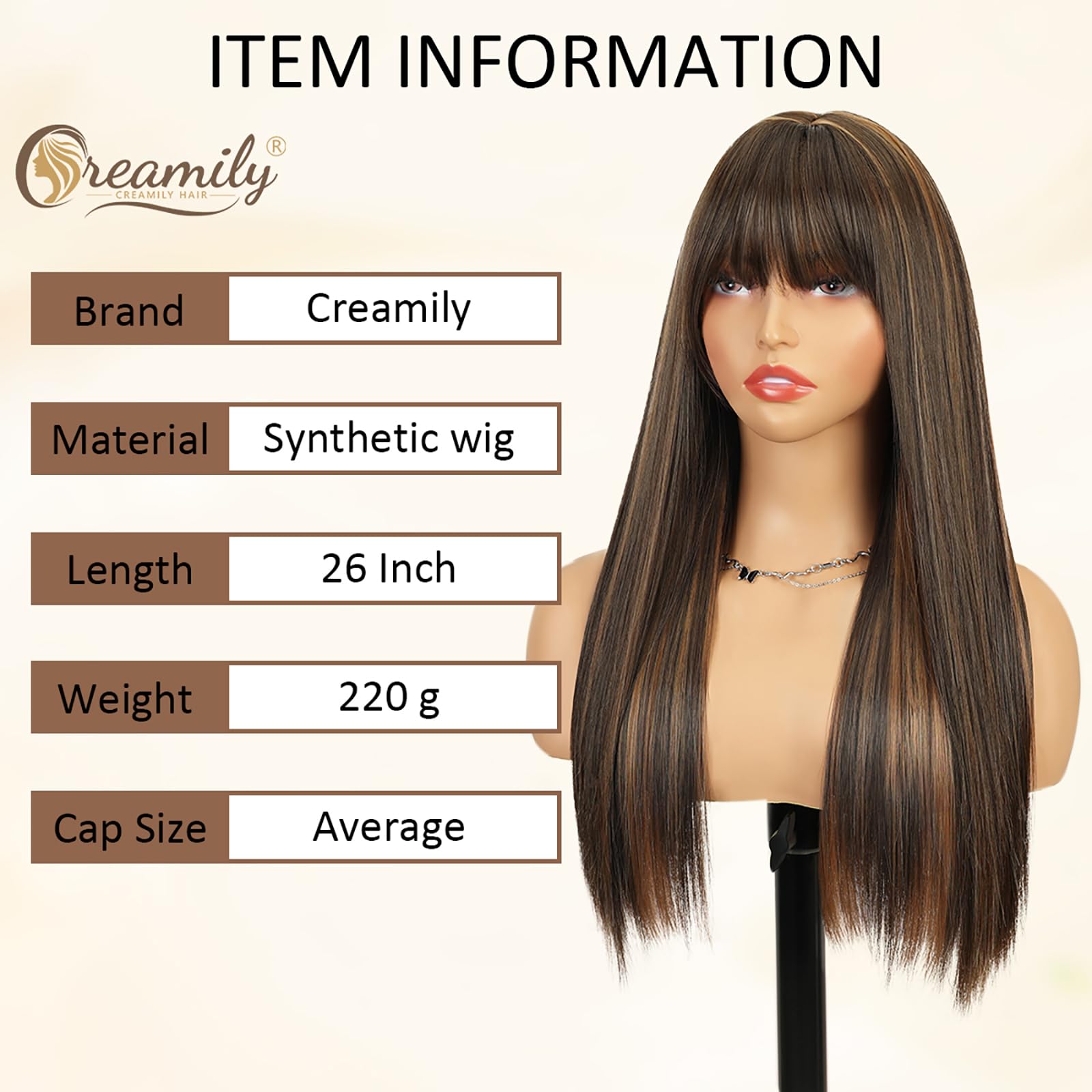 Creamily Long Brown Wig with Bangs for Women Straight Synthetic Wig with Bangs Heat Resistant Layered Natural Looking Wigs for Daily Party Use 26 Inch (Deep Brown with Caramel Highlights) - Image 2