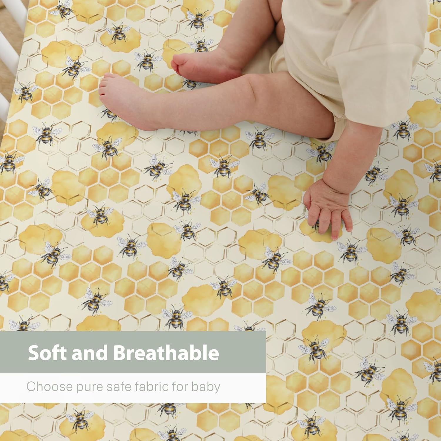 Honeycomb Bees Baby Crib Sheets for Boy Girl 52x28Inch Yellow Bee Honey Soft Stretchy Fitted Crib Mattress Covers Spring Summer Nursery Baby Sheets for Standard Crib and Toddler Bed Mattresses