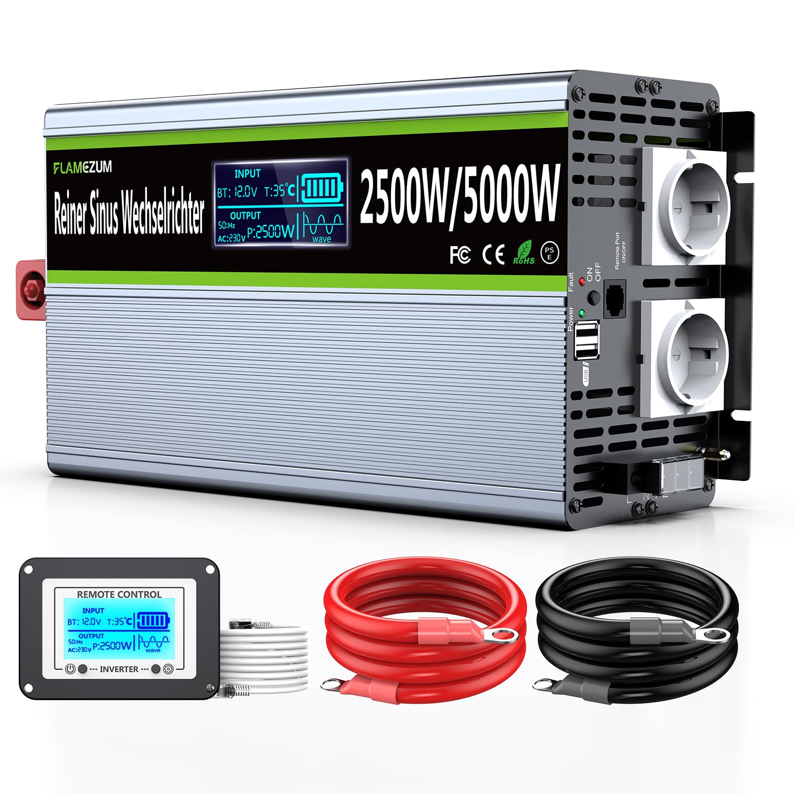 Inversor 12v 220v Onda Pura 2500w Convertidor Inversor de Corriente Transformador con Mando a Distancia & Pantalla LCD & 2 Toma de AC & 2 Puertos USB para Panel Solar Coche de camión Caravana