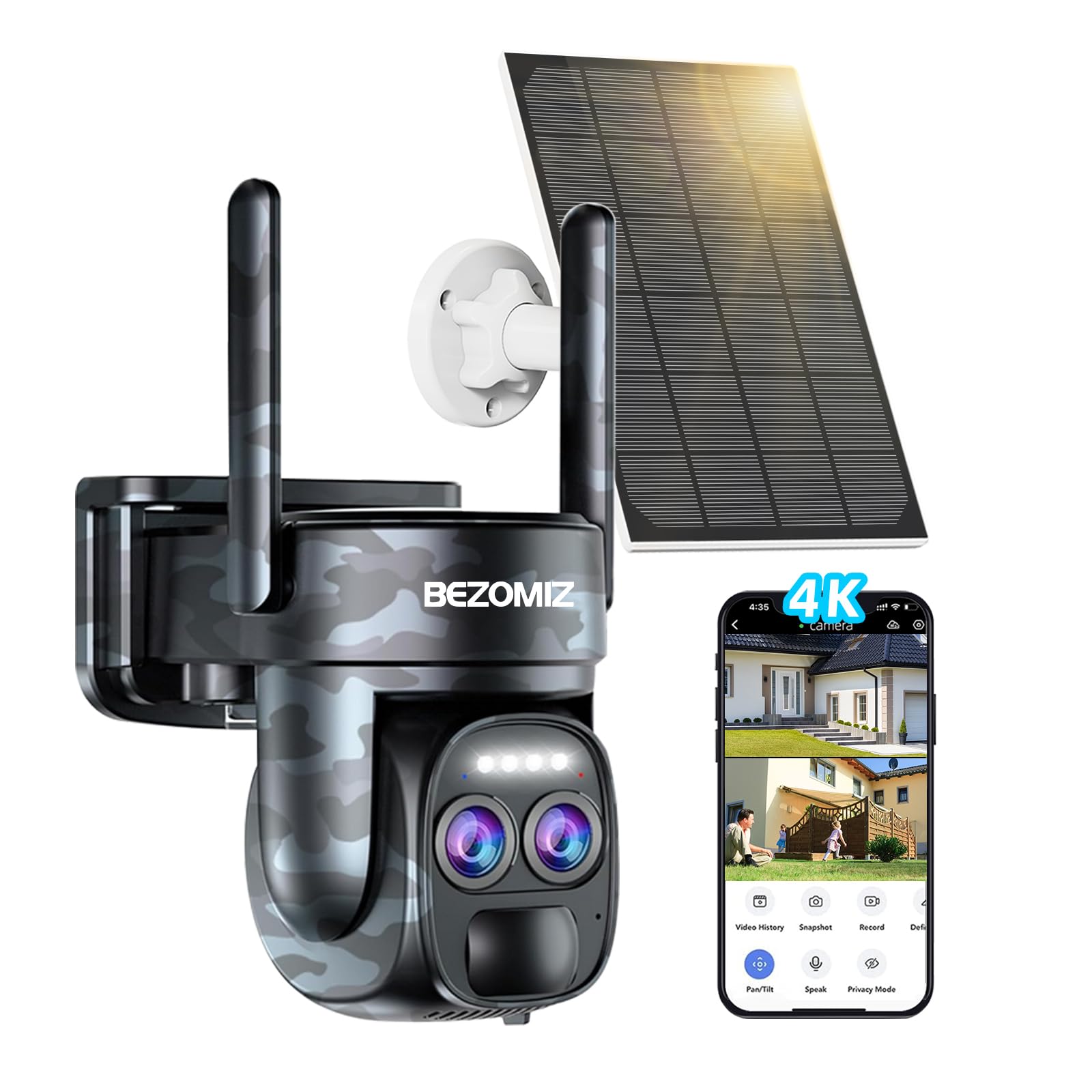 [8X Zoom] 4K Cámara Monitoreo WiFi Exterior/Interior Inalámbrico con Doble Lente Seguimiento Automático,con Panel Solar,360°PTZ Detección Humana,Nocturna Color,Sirena,Audio Bidireccional