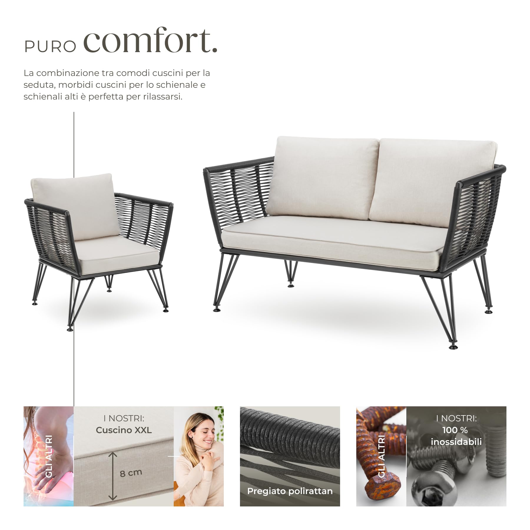 tectake® Set Lounge da Giardino, Polyrattan Resistente, Divano da Giardino e 2 Poltrone Design Elegante, Cuscini Extra Spessi, Ideale per Salotto da Esterno, Arredo Giardino Moderno - Antracite