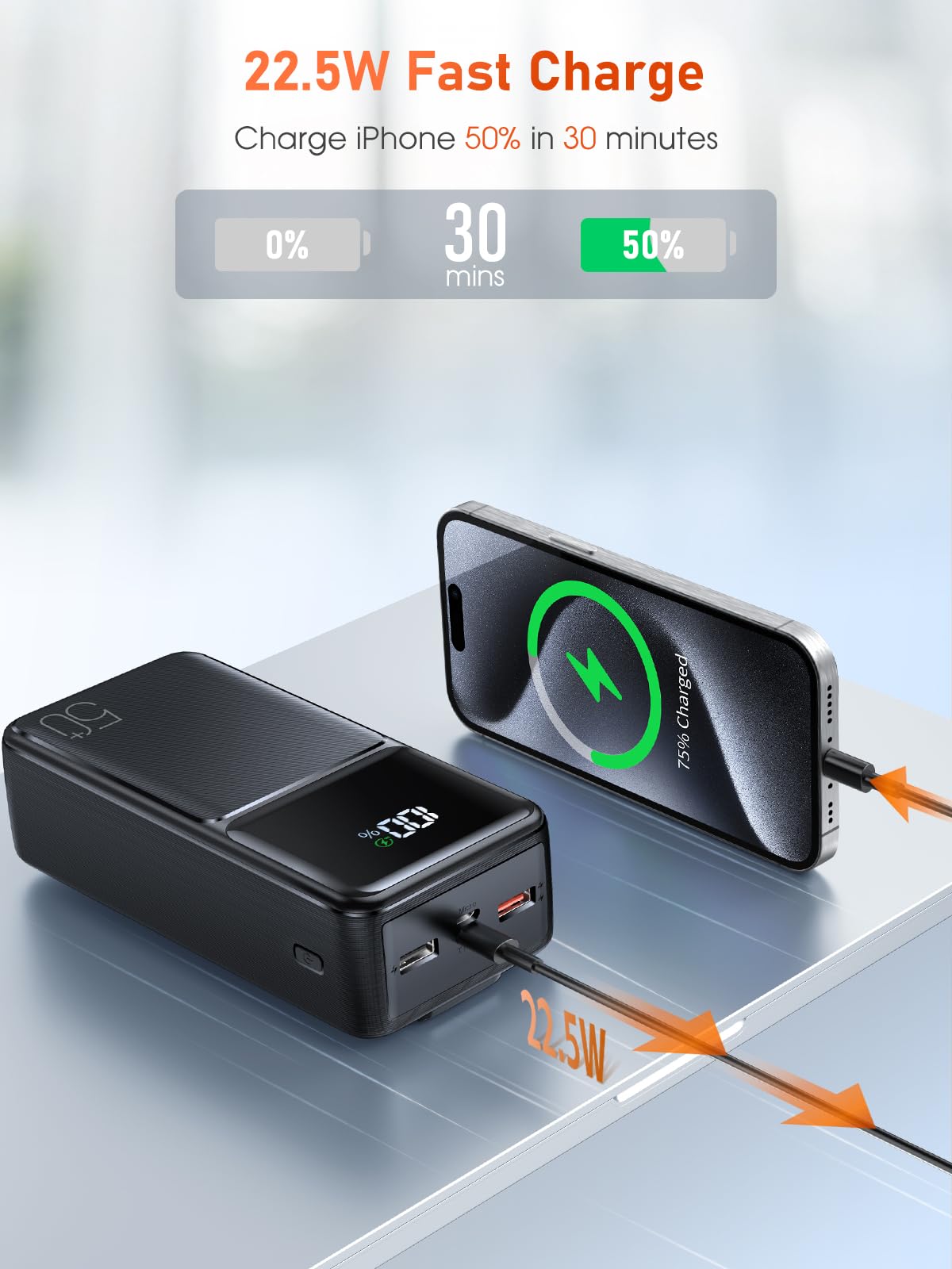 50000mAh Power Bank Funzione Di Ricarica Rapida Con Display A Led, Powerbank Qc 22,5 W/Usb C Pd20 W, Power Bank Portatile, 3 Ingressi E 3 Uscite Per Cellulare,Tablet,Viaggi,Campeggio,Pesca