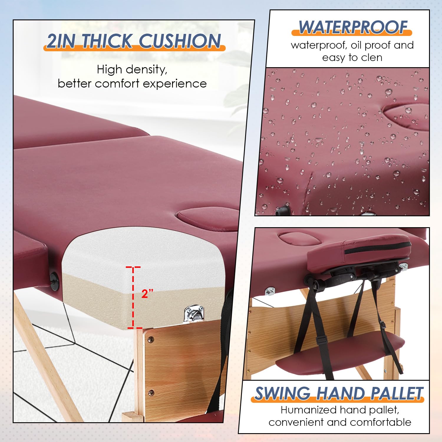 BestMassage Massage Bed Portable Massage Table 2 Folding Lash Bed Height Adjustable 24 Inch Wide Spa Table with Non-Woven Bag for Spa Footmassage Facial CareSpa Tattoo: 28 inch wide Burgundy