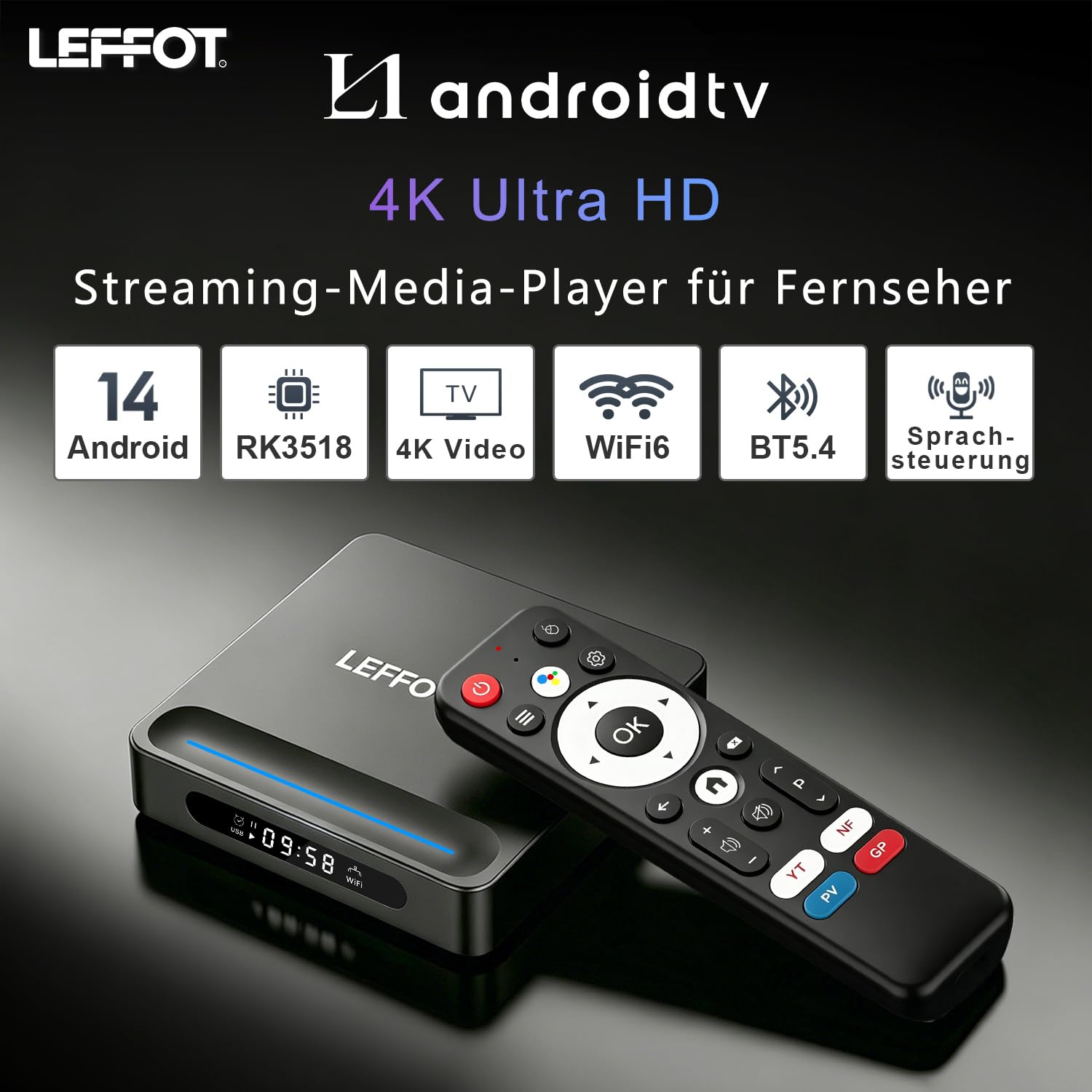 Android 14 TV Box, LEFFOT L1 4K Android TV Streaming Box, 2GB RAM 16GB ROM