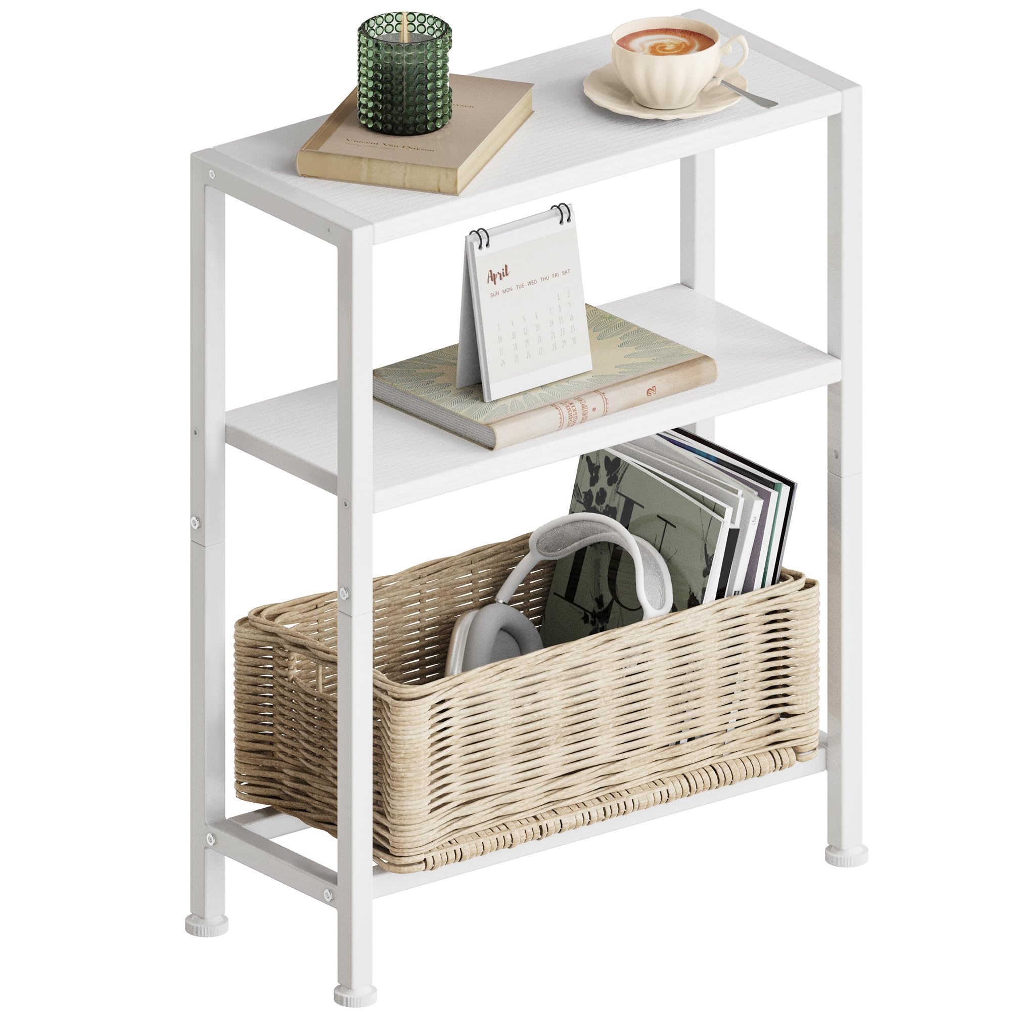 Schmaler Beistelltisch, Nachttisch, 3 Ablagen Nachttisch Schmal mit Stauraum, Sofa beistelltisch für schmale Räume, Kleiner Tisch, für Wohnzimmer, Schlafzimmer, Küche & Balkon (1, Weiß)