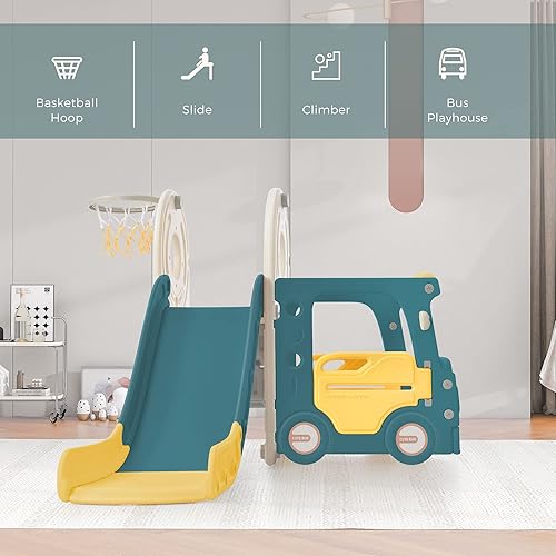 Miniatura 2 de Merax Tobogán y columpio para niños pequeños juego de tobogán independiente con aro de baloncesto para interiores y exteriores patio trasero tobogán