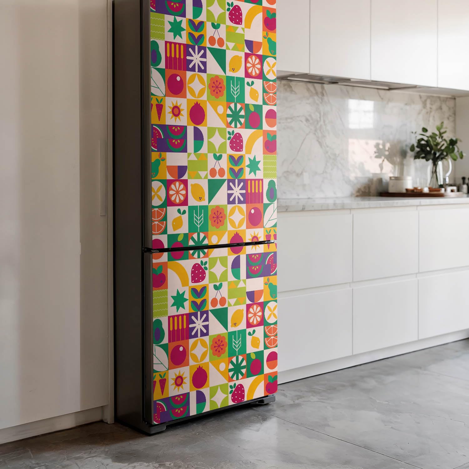 Klebefolie für den Kühlschrank 60x180 cm für Küche Kühlschrankfolie Matt Dekoration in vielen Designs Schutz vor Beschädigungen Selbstklebend Dekorfolie - Buntes Muster mit Früchten
