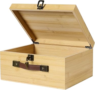 ANMINY Wooden Keepsake Memory Box with Key Locking Lid Bamboo Wood Storage Box with PU Leather Handles Large Decorative Wooden Chest Box for Crafts Stash Gifts - Natural Wood, 12" L x 10" W x 6" H