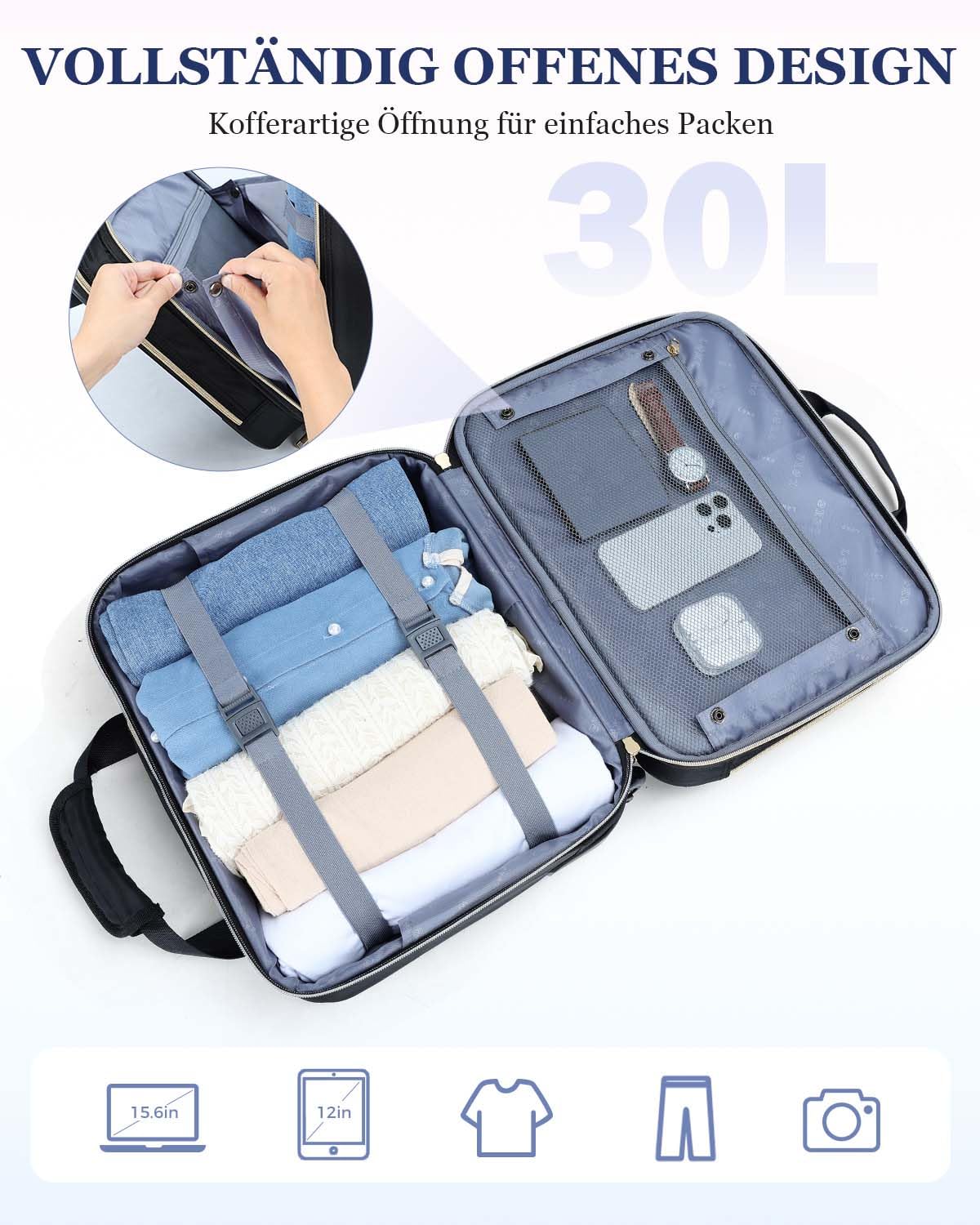 Ponhog Bussiness Laptop Trolley mit Rollen für Damen,Trolley Laptoptasche 15,6 Zoll wasserdichte Aktentasche für Reisen, Arbeit, Schule, Schwarz