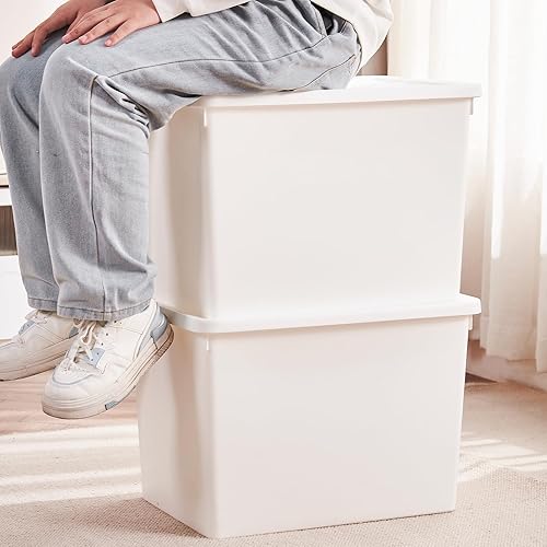 Miniatura 2 de Contenedores de almacenamiento blancos con tapas, cajas de plástico apilables para oficina, juego de 4, caja de almacenamiento para organización de