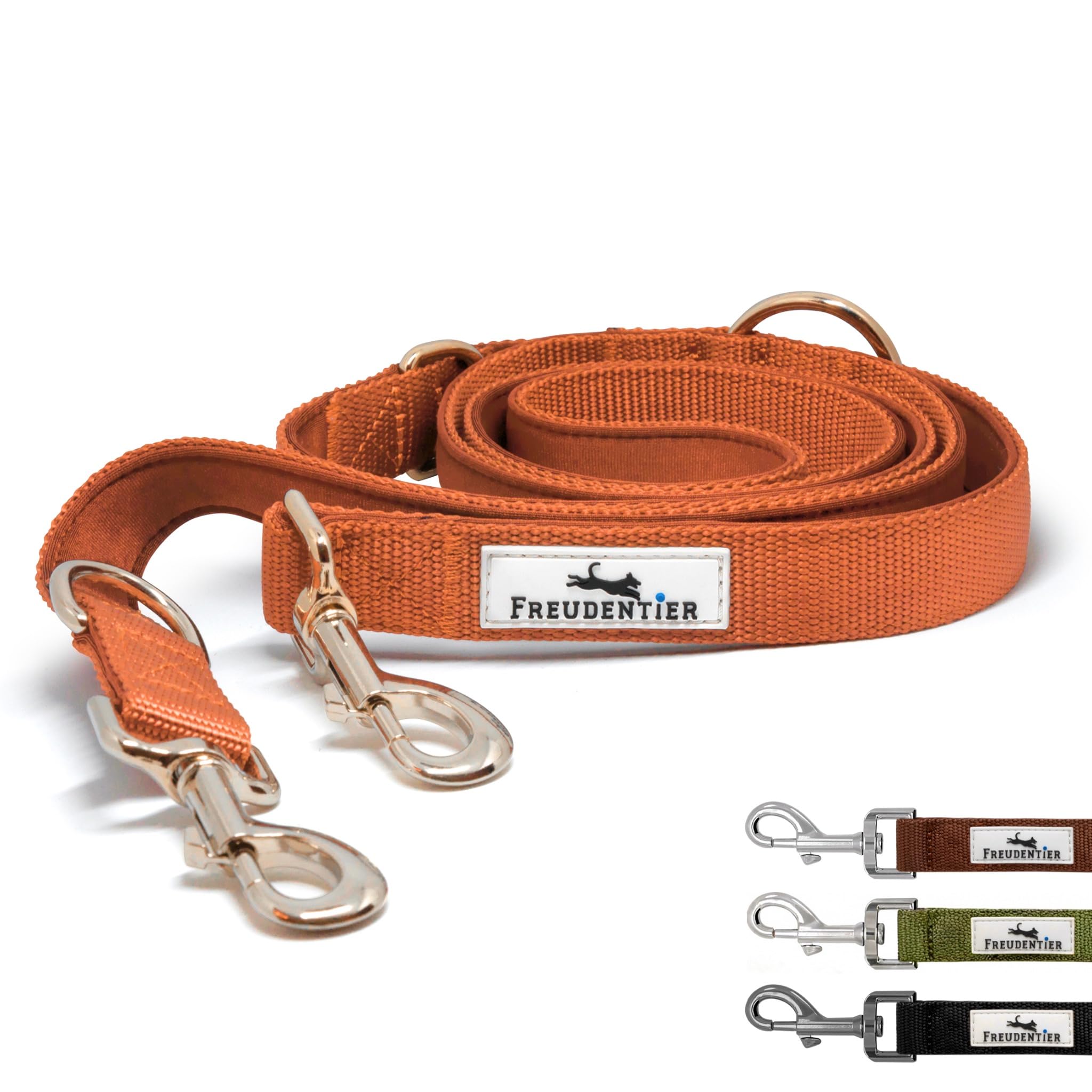 FREUDENTIER Hundeleine 2m – Verstellbare Führleine - Weich gepolstert, liegt angenehm in der Hand - Robuste Leine Hund für mittelgroße & große Hunde - Model Clyde (Orange, 2m Länge / 25mm Breite)