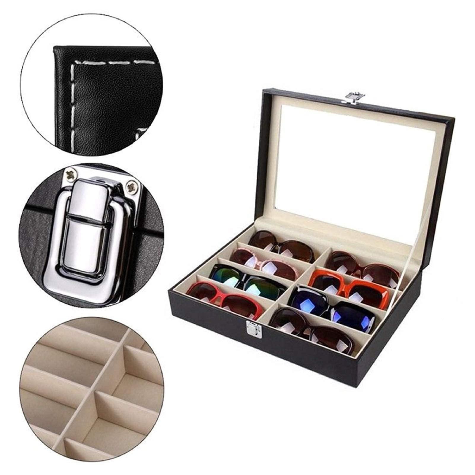 KingSaid Caja Organizadora de Gafas con Tapa de Cristal y Cajones – Estuche Expositor de Gafas de Sol y Joyas, Cuero Sintético Premium, Gran Capacidad, para Hombre y Mujer (Una planta) - 4