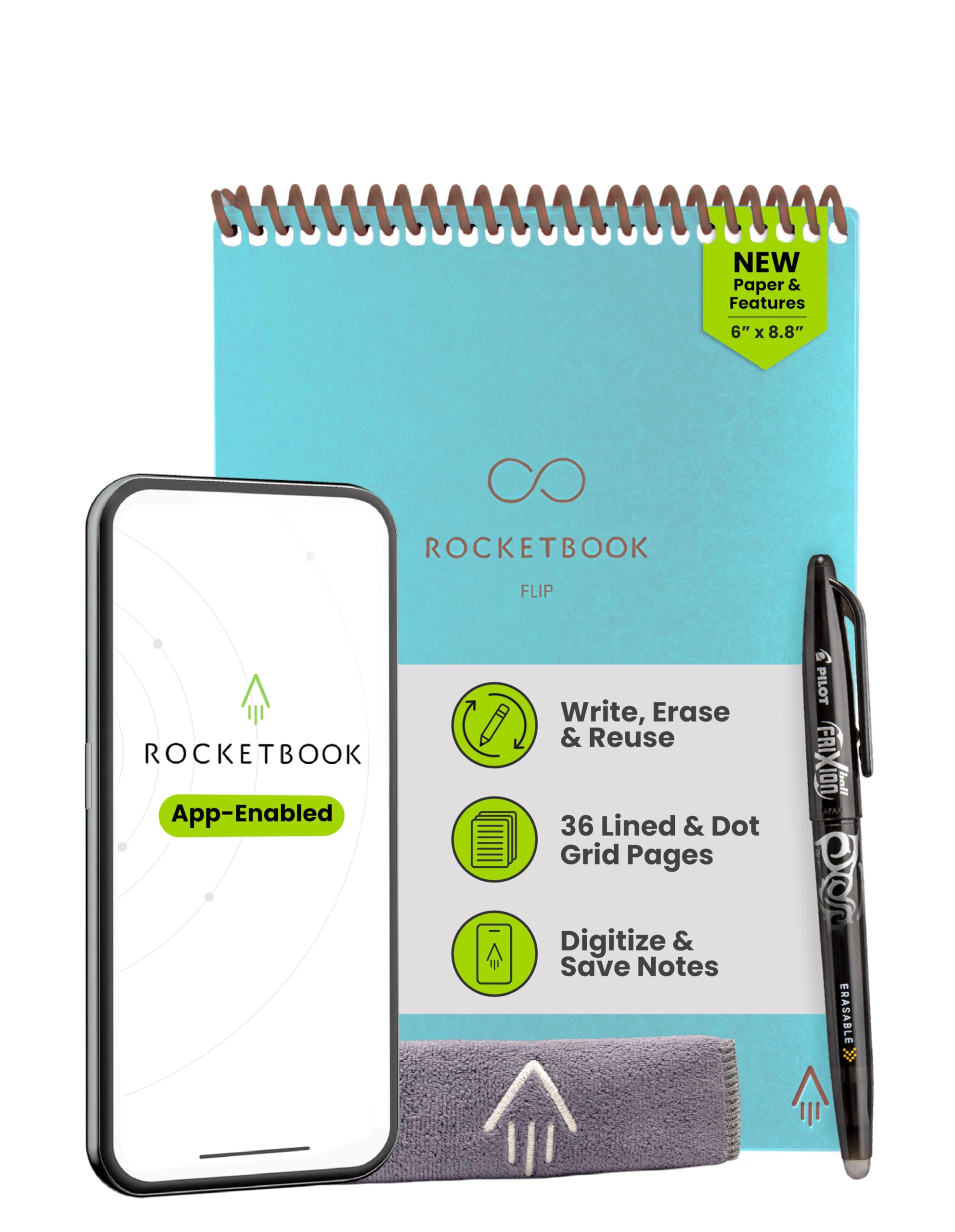 Rocketbook New Smart - Cuaderno reutilizable con espiral, tamaño ejecutivo, color verde azulado (6 x 8.8 pulgadas)