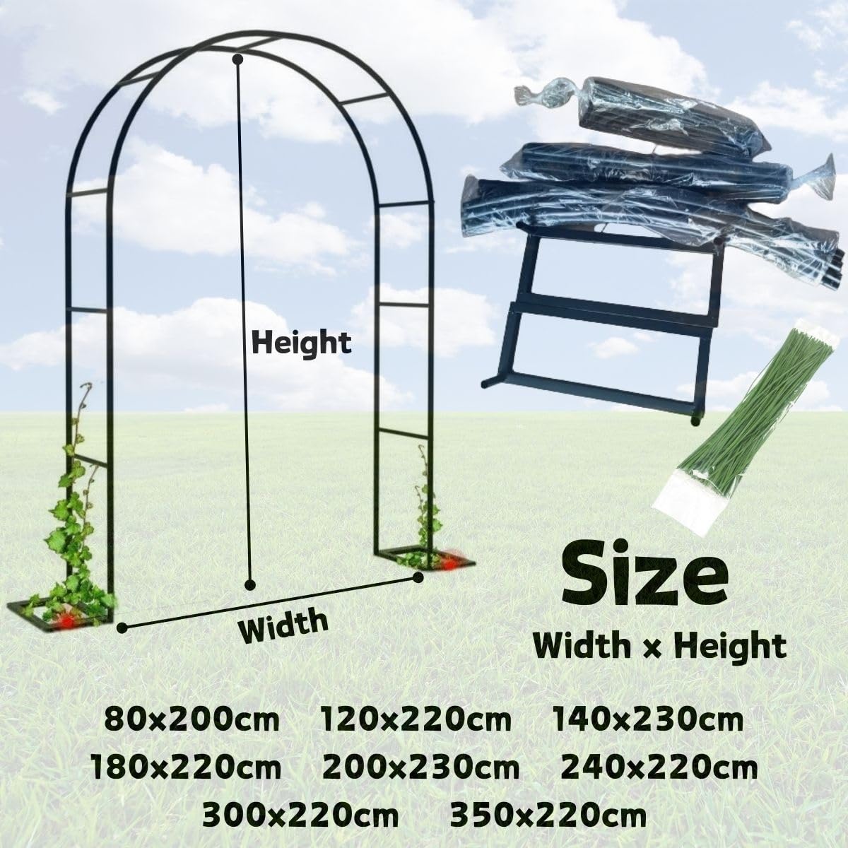 Schwarzer Metall-Gartenbogen, 240 x 220 cm, Rosenspalier für Kletterpflanzen, einfach zu montieren, Gartenlaube für Hinterhof, Landschaftsbau und Dekoration