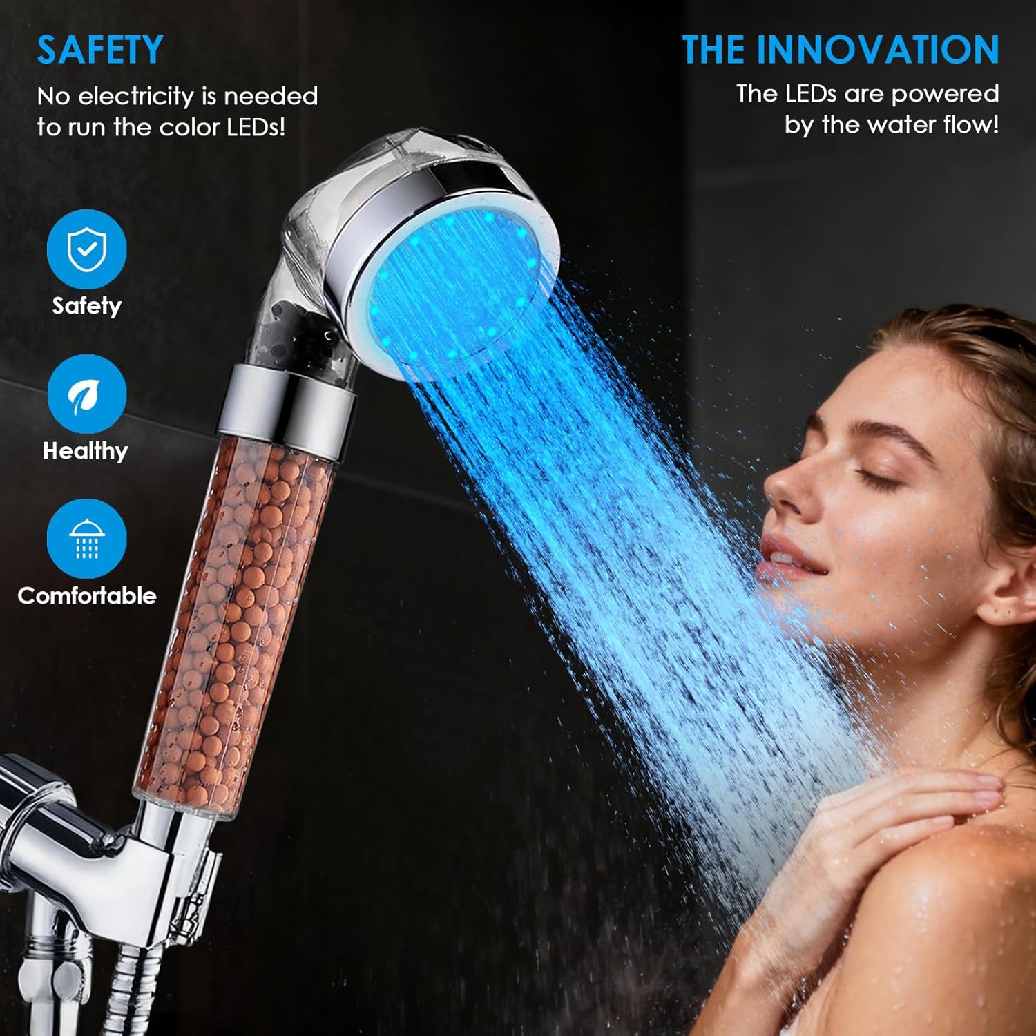 Temperature Controlled 3-color Changing Shower Head Kit, Water