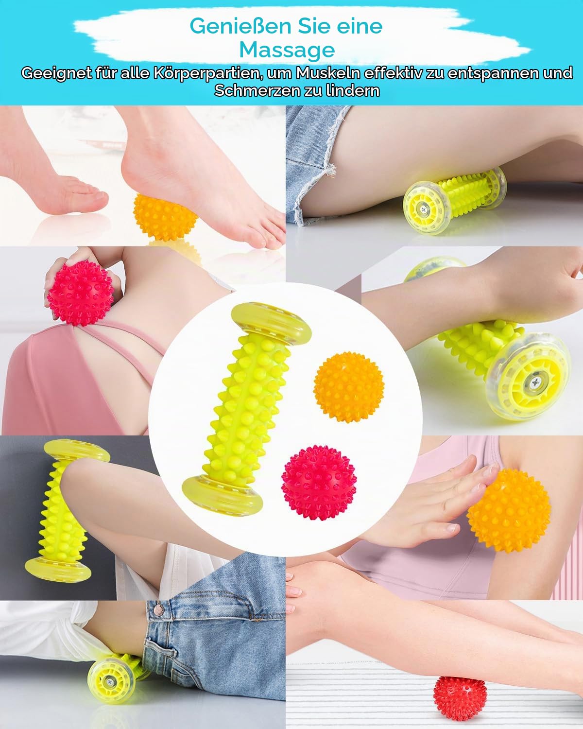 Massagebälle Igelball Set, Fußmassage Roller, Massagebälle für Plantarfasziitis mit Tragetasche, Premium Fußmassagegerät zur Stressreduzierung und Entspannung, Linderung von Muskelkater