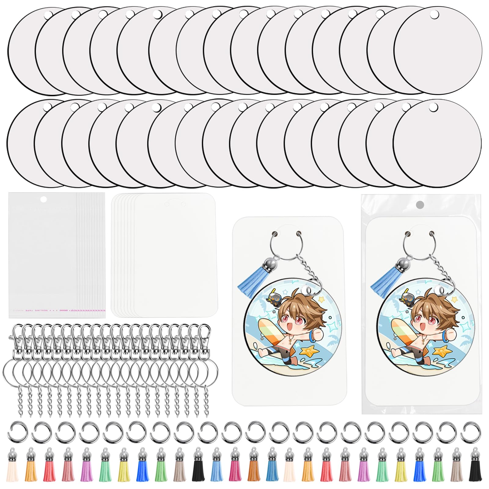 Fesorsi 210 Pcs Sublimation Keychain Blanks, 30 Parts Circular Fiberboard Keychain Blanks, Sublimation Blanks with Various Keychains and Tassel Pendants, for Handicrafts, Christmas Decorations