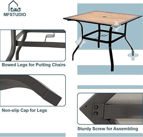 Miniatura 3 de MFSTUDIO Juego de comedor de patio para 4 muebles de exterior, mesa cuadrada de bistró, parte superior de madera con agujero para sombrilla de 1.57