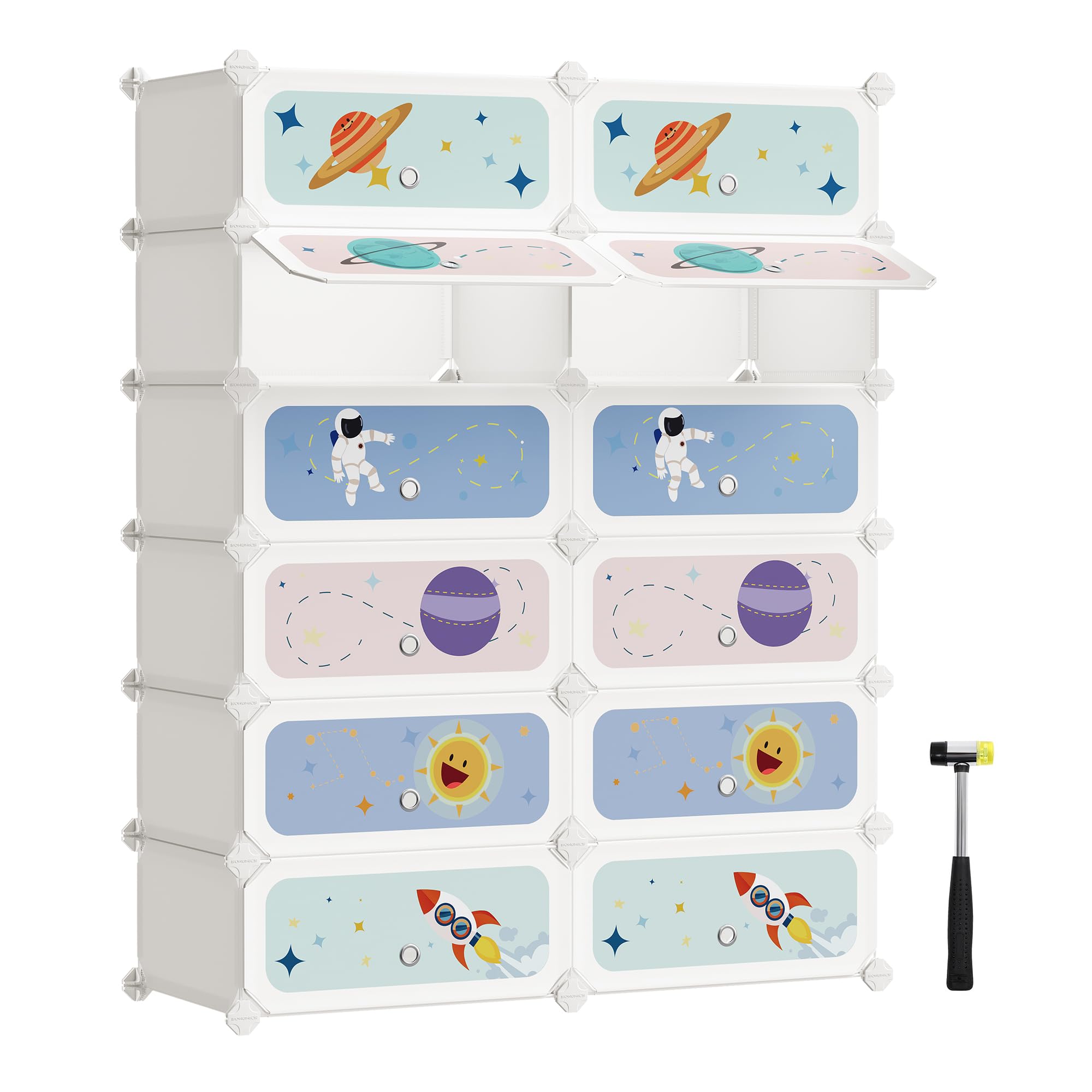 SONGMICS Kids' Shoe Rack with Doors, 12-Slot Stackable Storage Organizer, Plastic Wardrobe, Toys, Books, Clothes, 12.2 x 31.9 x 41.7 Inches, Cloud White ULPC907W01