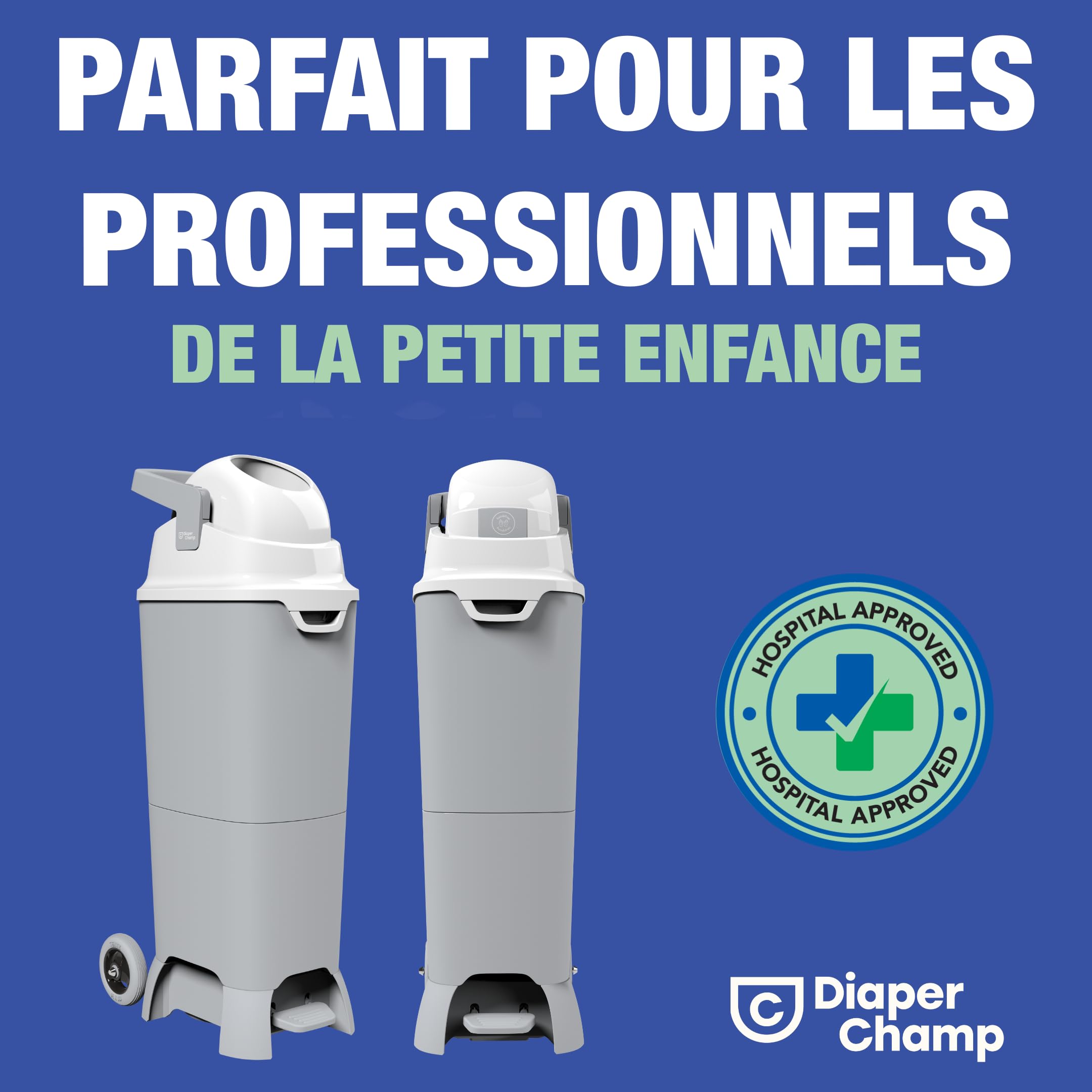 DIAPER CHAMP ONE Maxi Handsfree Plus mit Pedal und Rollen - Windeleimer - geruchsdicht - berührungslose Bedienung - OHNE Nachfüllkassetten - für normale Müllbeutel - für ca. 60 Windeln - silber, weiß
