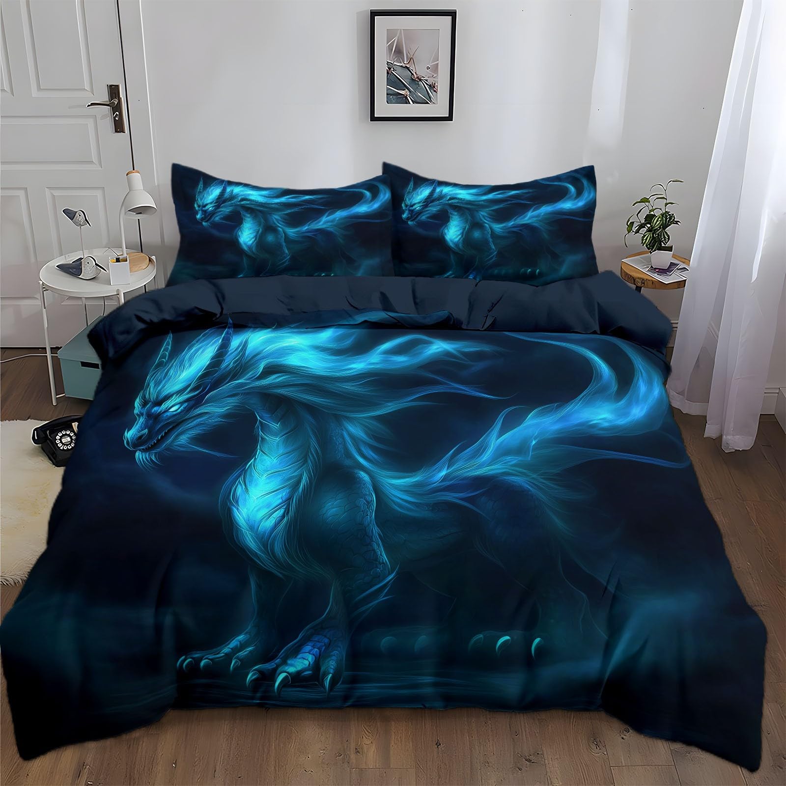 Bettwäsche 200 x 220 cm 3teilig Fantasie Riesendrache Anime Wendebettwäsche Set, Weich Kuschelig Microfaser Schwarz Kinderbettwäsche Teen Bettbezug mit Reißverschluss und 2 Kissenbezug 80x80cm