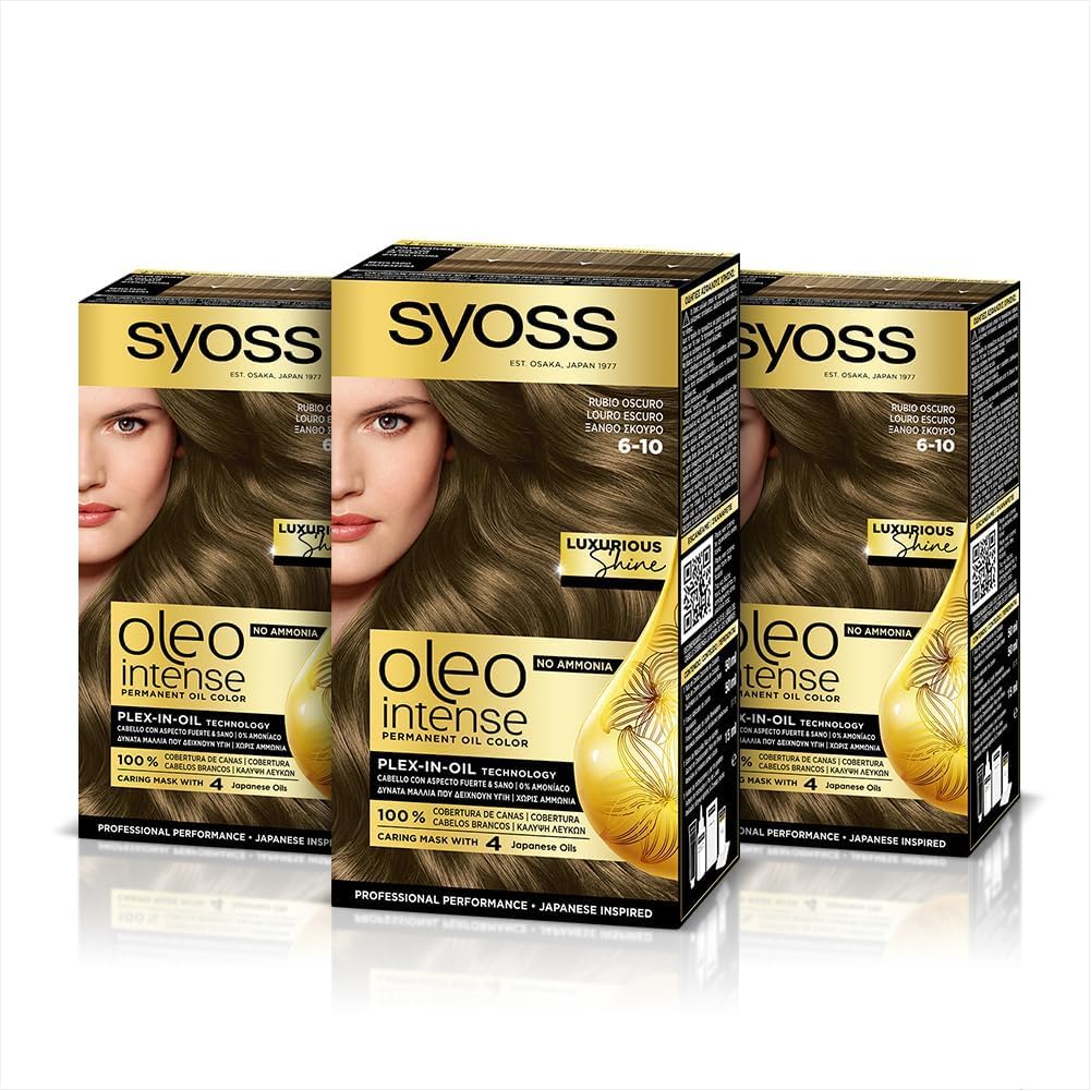 Syoss Oleo Intense - Tinte 6-10 Rubio Oscuro – Coloración permanente Sin Amoníaco – Cobertura profesional de canas – Resultados de peluquería (Pack De 3)