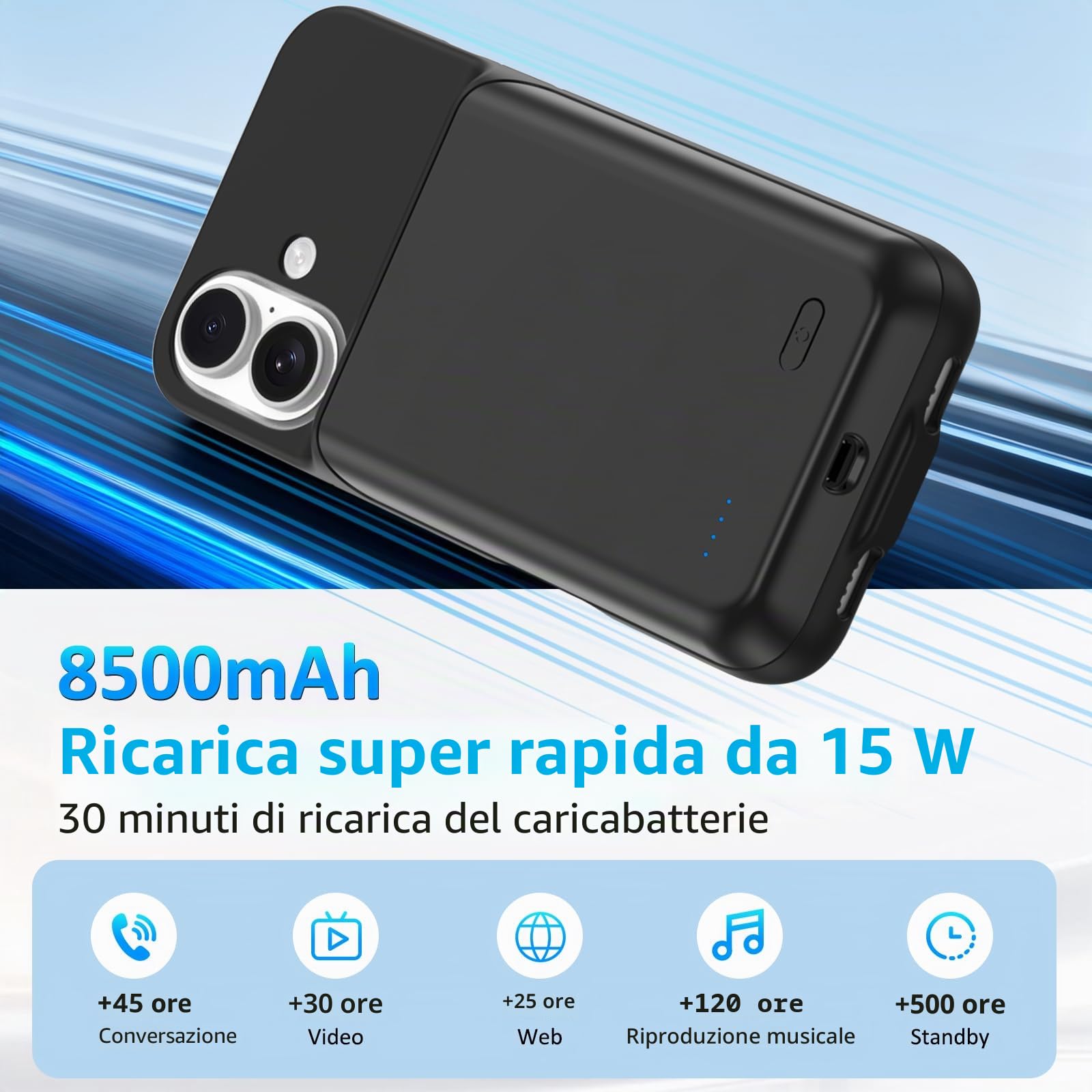 Custodia Con Batteria Per iPhone 17 (6,3 Pollici), Caricabatterie Portatile Da 8500 mAh, Custodia Ultra Sottile Con Batteria Estesa E Custodia Protettiva Con Funzione Di Ricarica Per iPhone 17