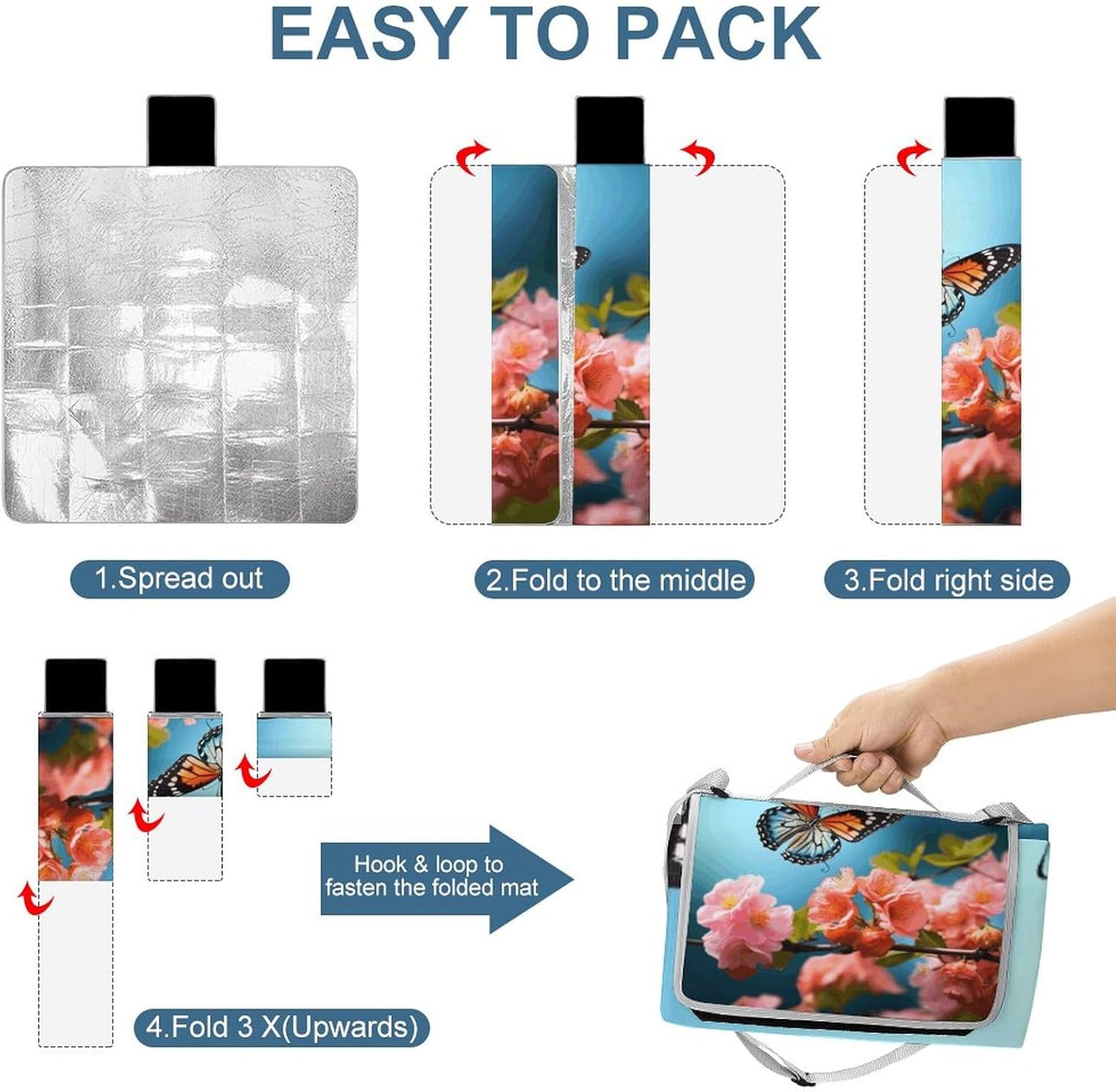 Outdoor Picnic Blanket Extra Large Beach Blanket Waterproof Picnic Mat Butterfly with Flowers Camping Blanket Portable with Carry Strap Park Blanket for Grass Camping Park