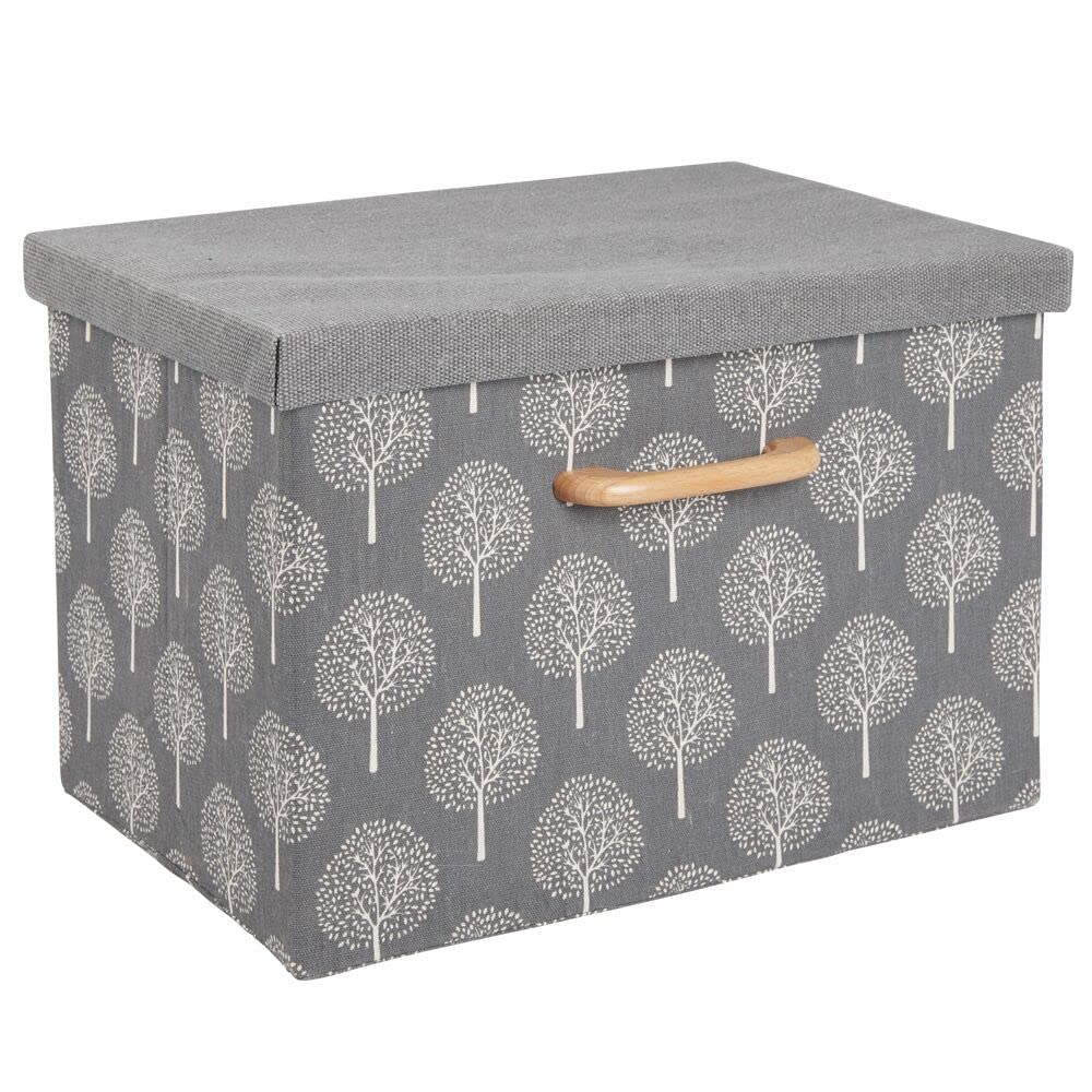 mDesign 2er-Set Aufbewahrungsbox – weich strukturierte Stapelbox mit Deckel und Holzgriff – stabile Faltbox mit Baummotiv aus Polyester für Bad, Schlafzimmer oder Kinderzimmer – grau