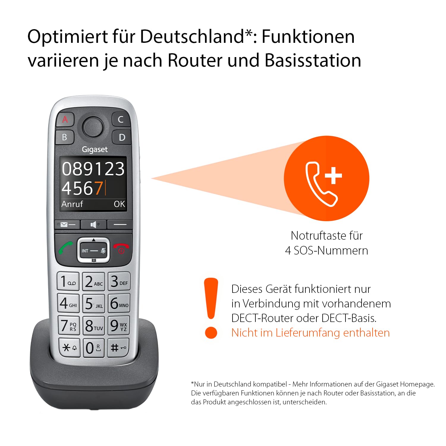 Gigaset E560HX DECT-Mobilteil Schnurloses Senioren-Telefon Fritzbox-kompatibel Notruf 4 Nummern silber Deutsche Version