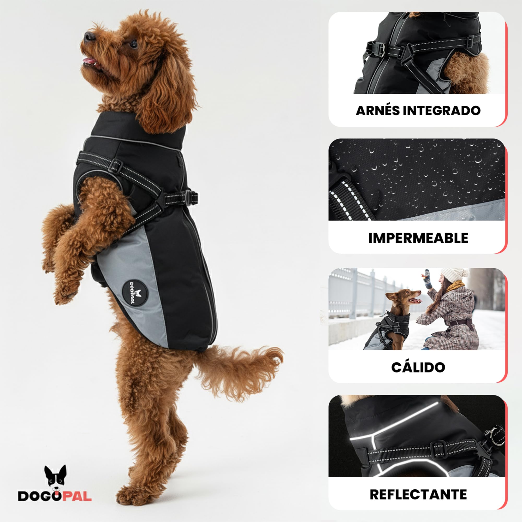 DOGOPAL Abrigo Impermeable para Perros con Arnés Integrado – Chaqueta Reflectante, Cortavientos y Cálida para Perros Pequeños, Medianos y Grandes (Gris, 55)
