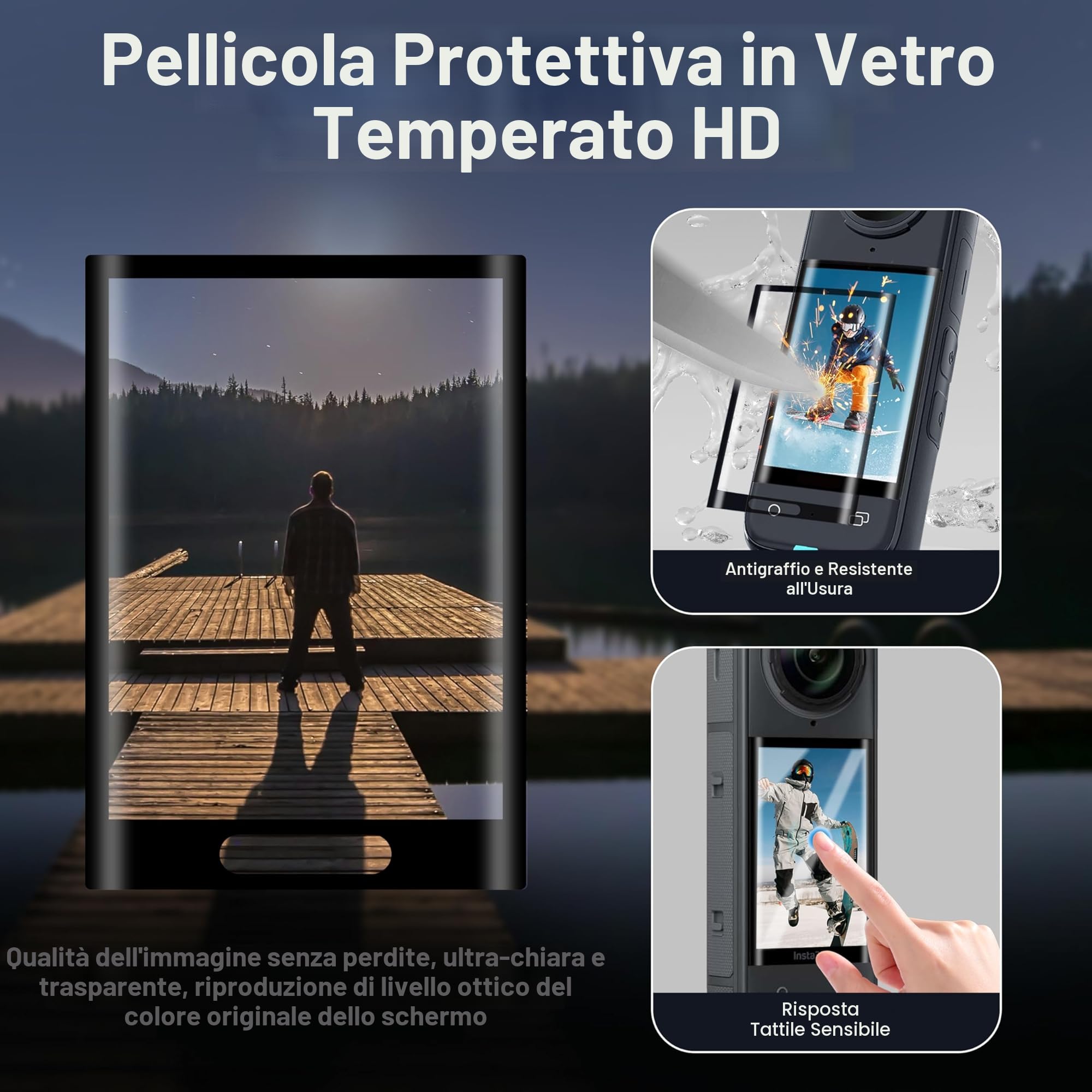 FiTSTILL - Set di protezione per Insta 360 X5, pellicola protettiva in vetro temperato e silicone, copriobiettivo e base di supporto in silicone