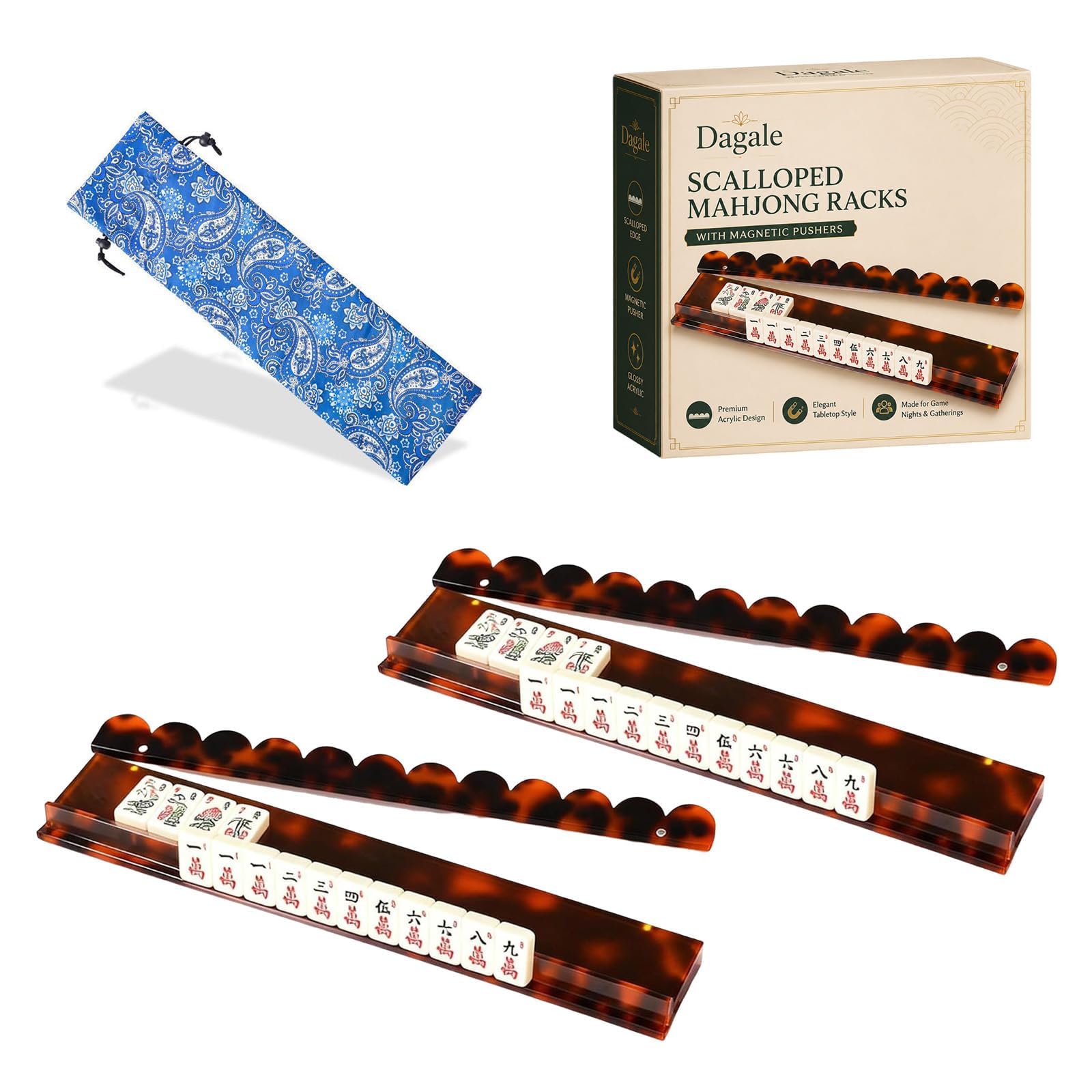 Scalloped Mahjong Racks with Magnetic Pushers, Acrylic, Tortoise and Shell Style, Set of 4, Two Size Options 44.5 cm/50.8 cm, for American Mahjong (2 Pcs Orange Tortoise, 17.5")